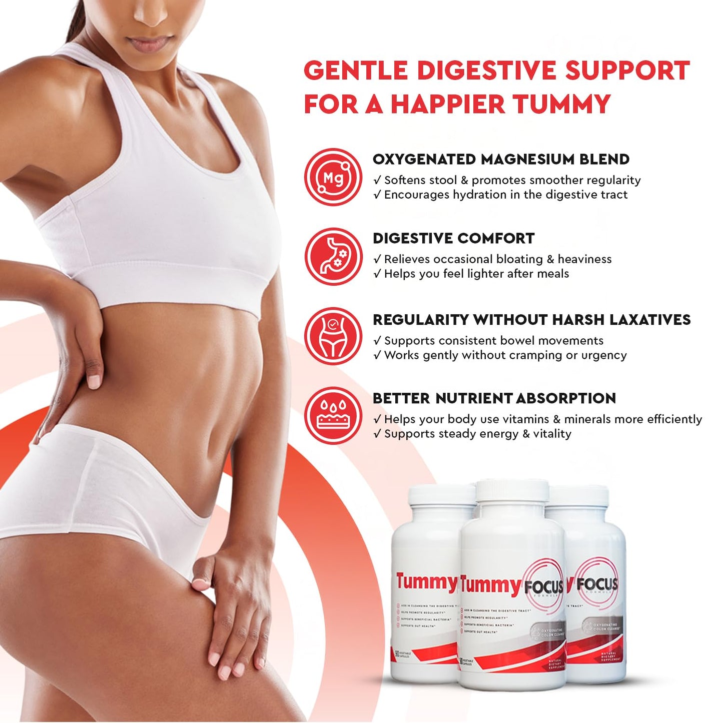 Health Focused JJ Smith Tummy Focus Magnesium Digestive Cleanse for Gut Regularity Capsules, 90 Count