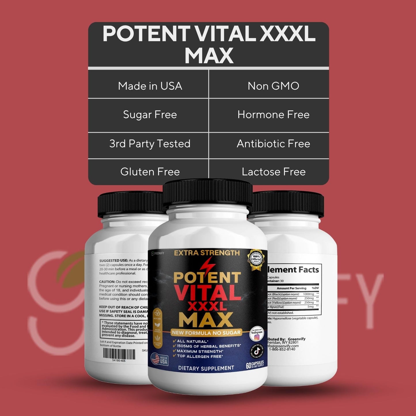 GREENVIFY Potent Vital XXXL Max Dietary Supplement Organic Maca Root Capsule 60