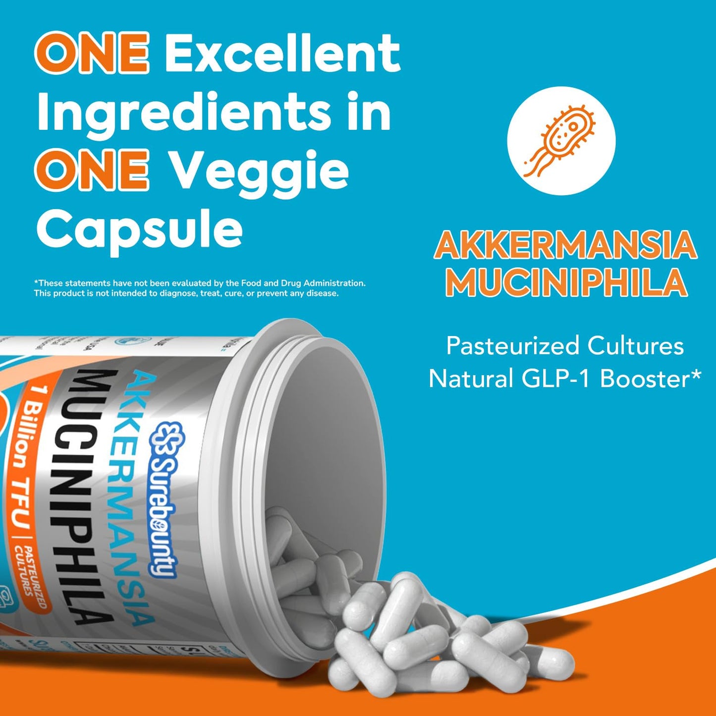 Surebounty Akkermansia Probiotic GLP-1, 1 Billion TFU, Akkermansia Muciniphila with Prebiotic Inulin Capsule, 30 Count