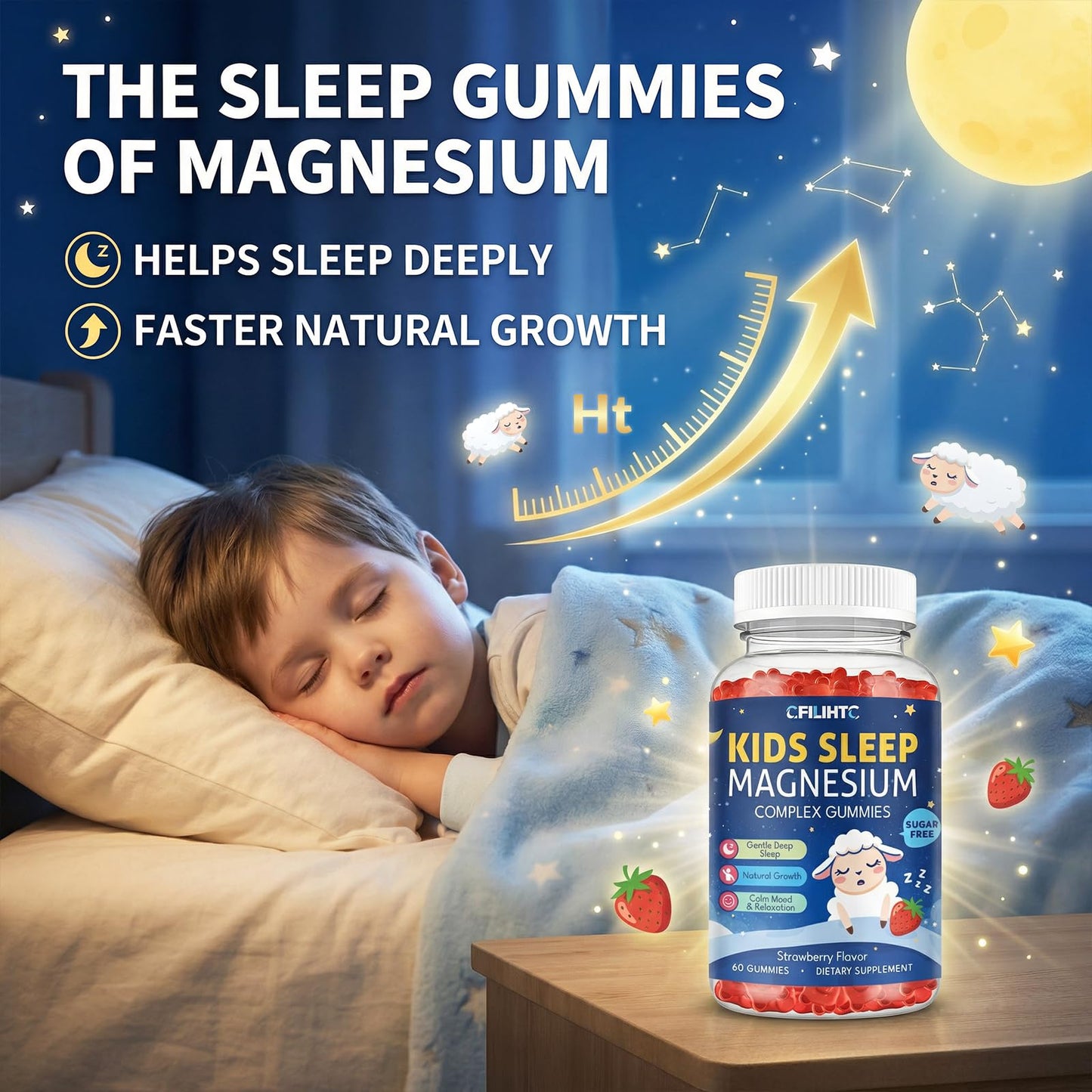 CFILIHTC Magnesium Gummies for Kids, Magnesium Glycinate Gummies with Chamomile, Lemon Balm, Calcium, Vitamin B6, D3 for Kids & Adults Sleep, Growth, Calm & Relaxation, Sugar Free, Strawberry Flavor, 120 Gummies