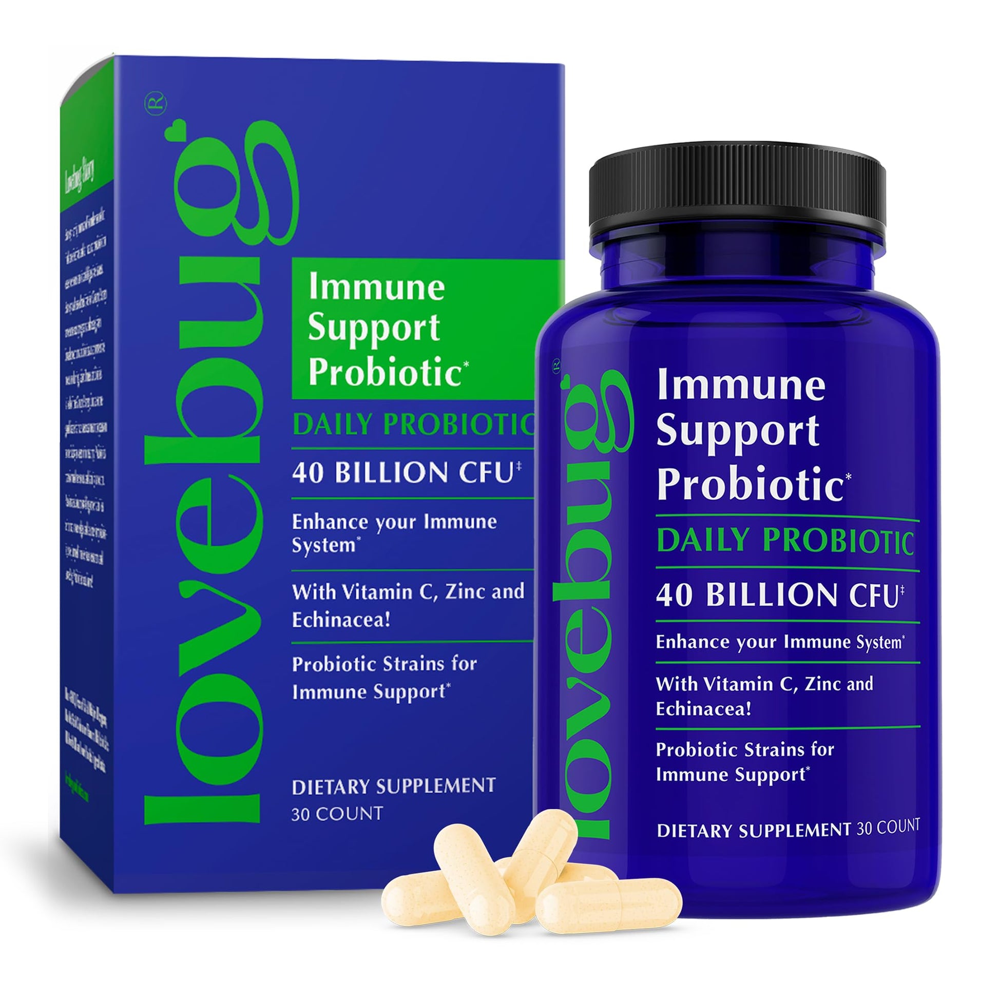 LOVEBUG Probiotics Immune Support Daily Probiotic for Men & Women, 40 Billion CFU & 6 Strains, Capsules, 30 Count