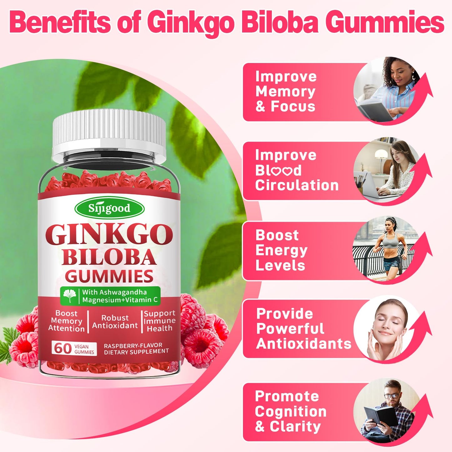 Sijigood Ginkgo Biloba Gummies with Panax Ginseng and Magnesium, Gummy, 60 Count