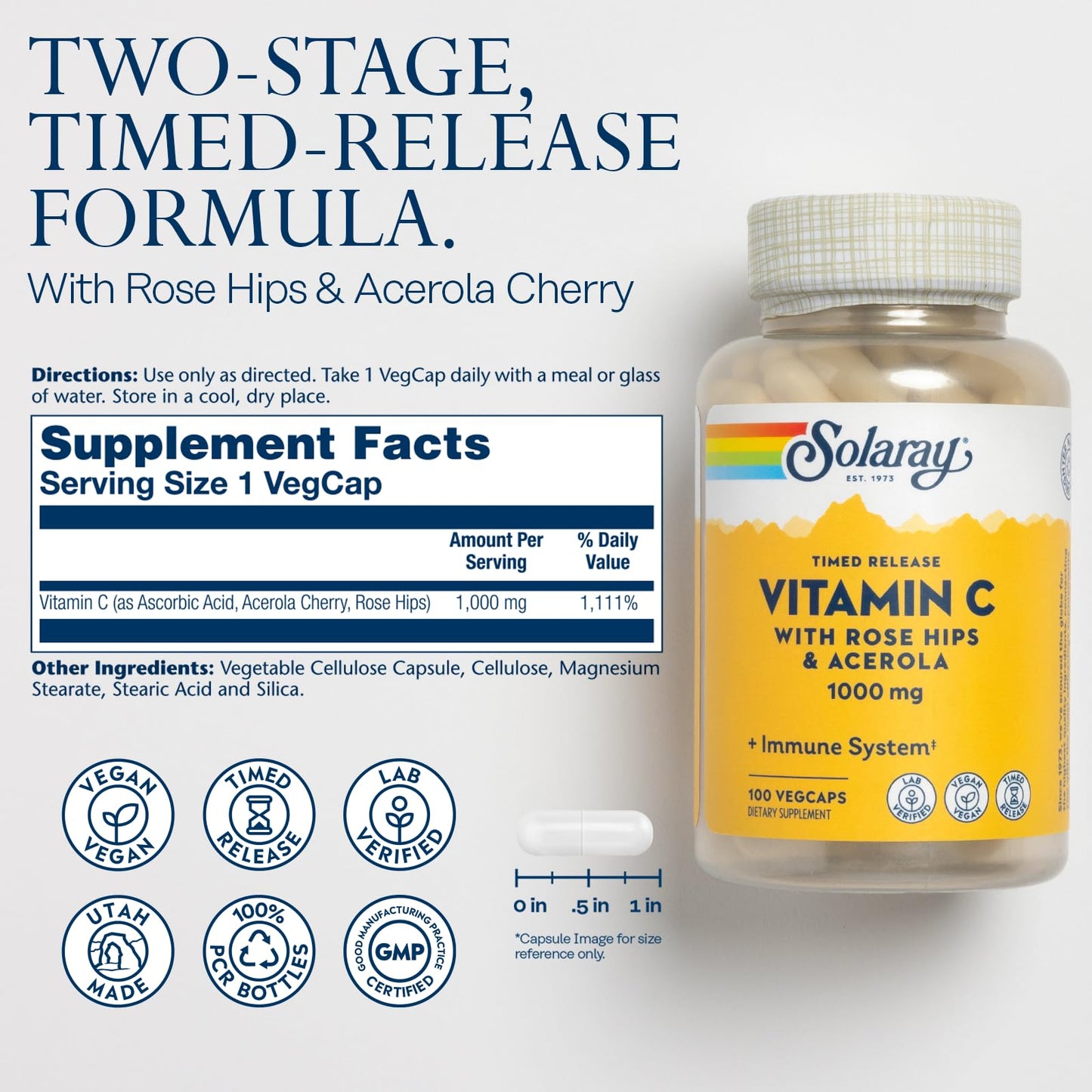 SOLARAY Vitamin C 1000mg Time Release Capsules, 100 Capsules