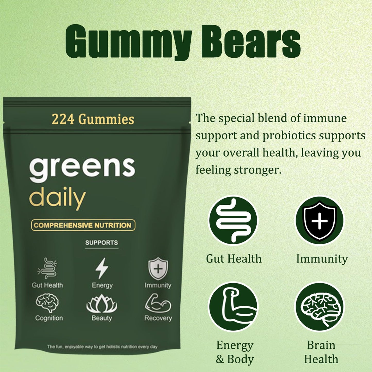 Oviaapo Greens Gummies Organic Chlorella and Spirulina, Digestive & Gut Health, Formulated with 60+ Ingredients, Multi-Vitamins & Minerals, Daily Gummies, 224 Gummies