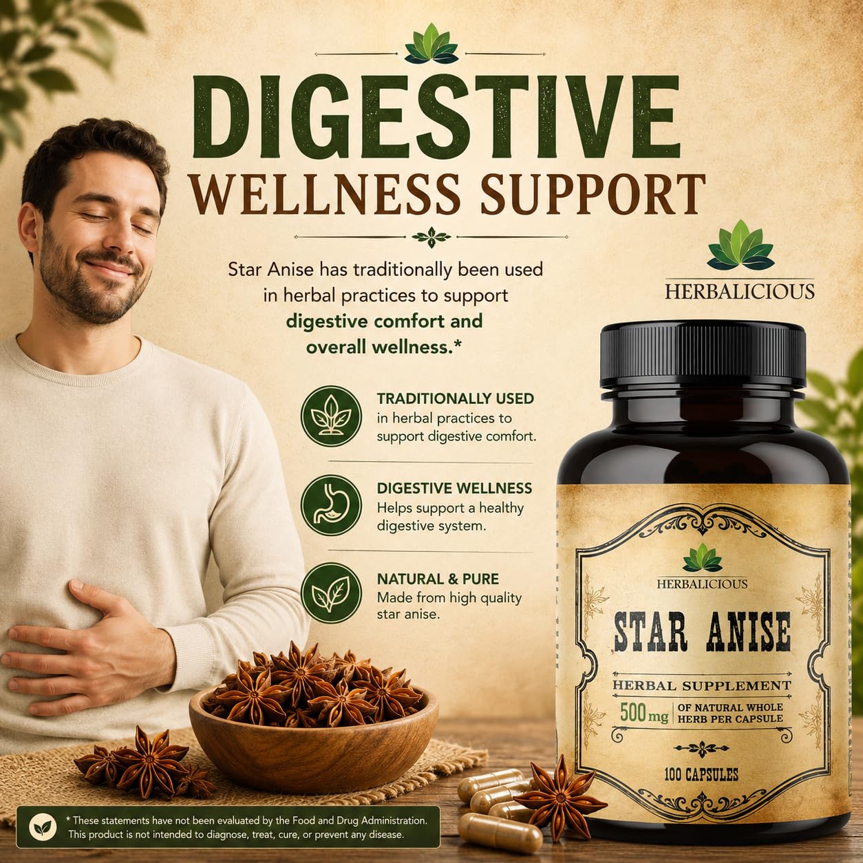 HERBALICIOUS Star Anise Supplement – Organic (Illicium verum) 100 Capsules