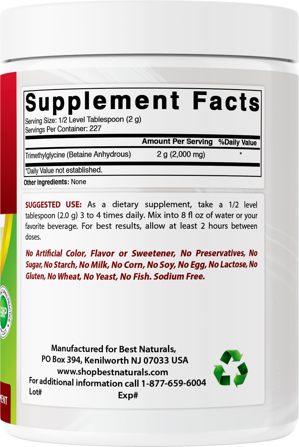 Best Naturals Betaine Anhydrous Trimethylglycine (TMG) Pure Powder, 48