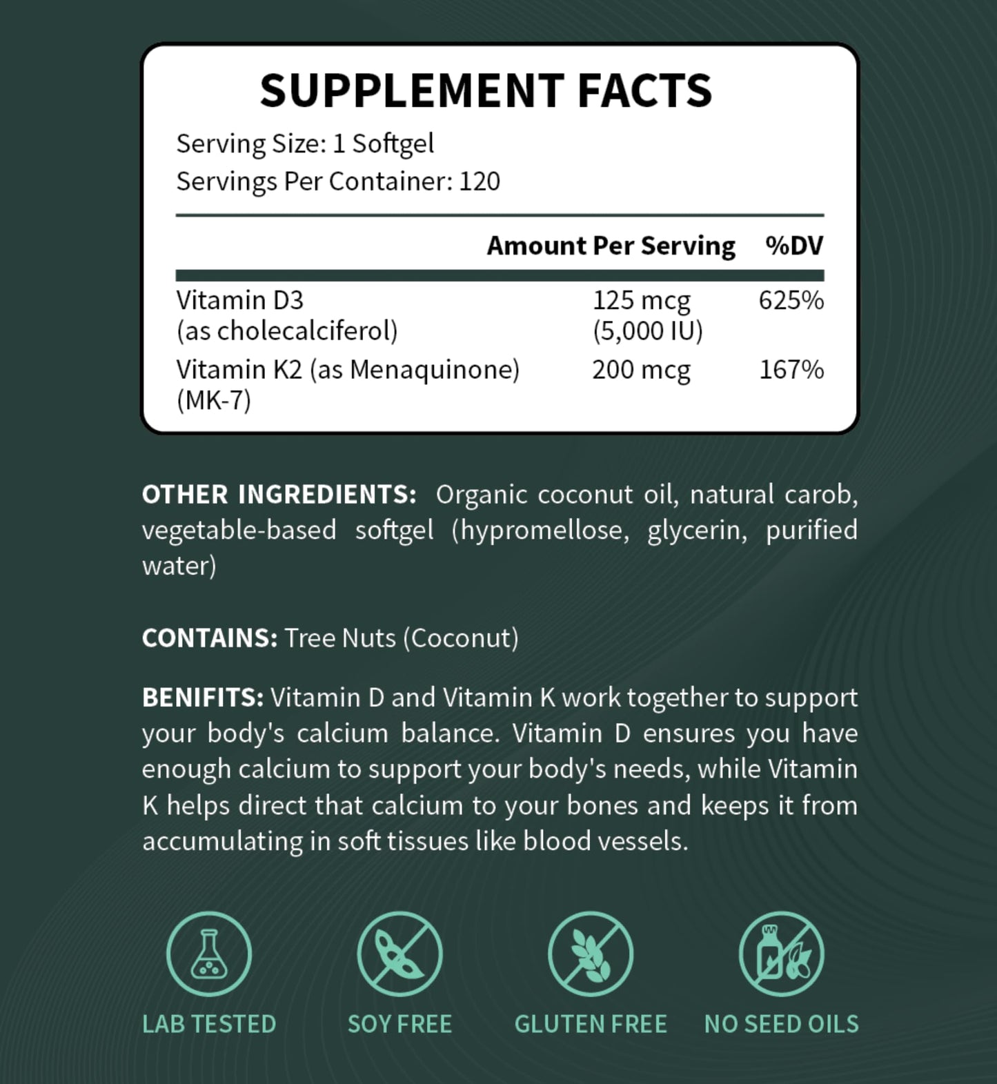 Good Friends Health Society Vitamin D3 5000 IU + Vitamin K2 200 mcg Softgels 120