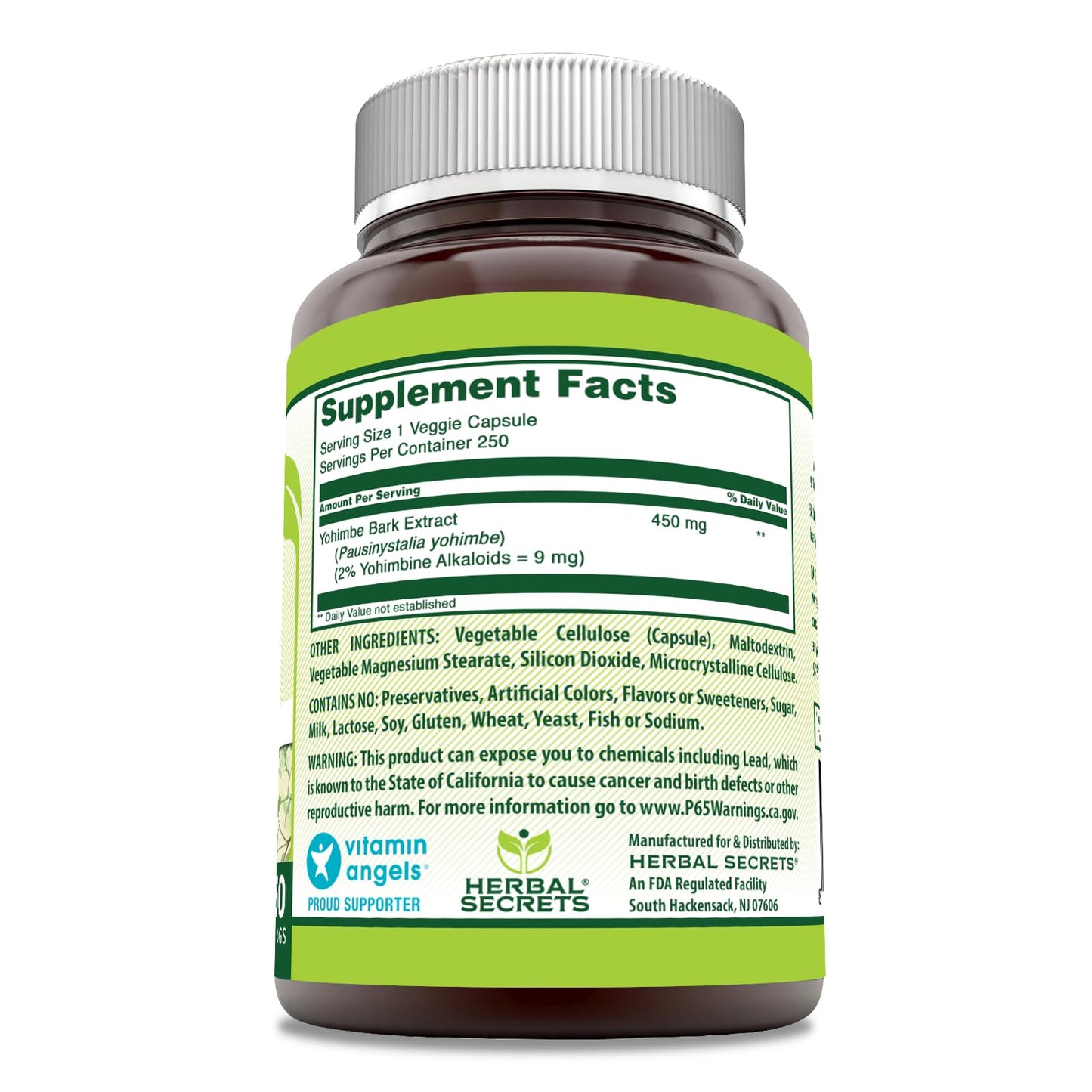 Herbal Secrets Yohimbe Extract 450 mg Supplement Capsules 250 Count
