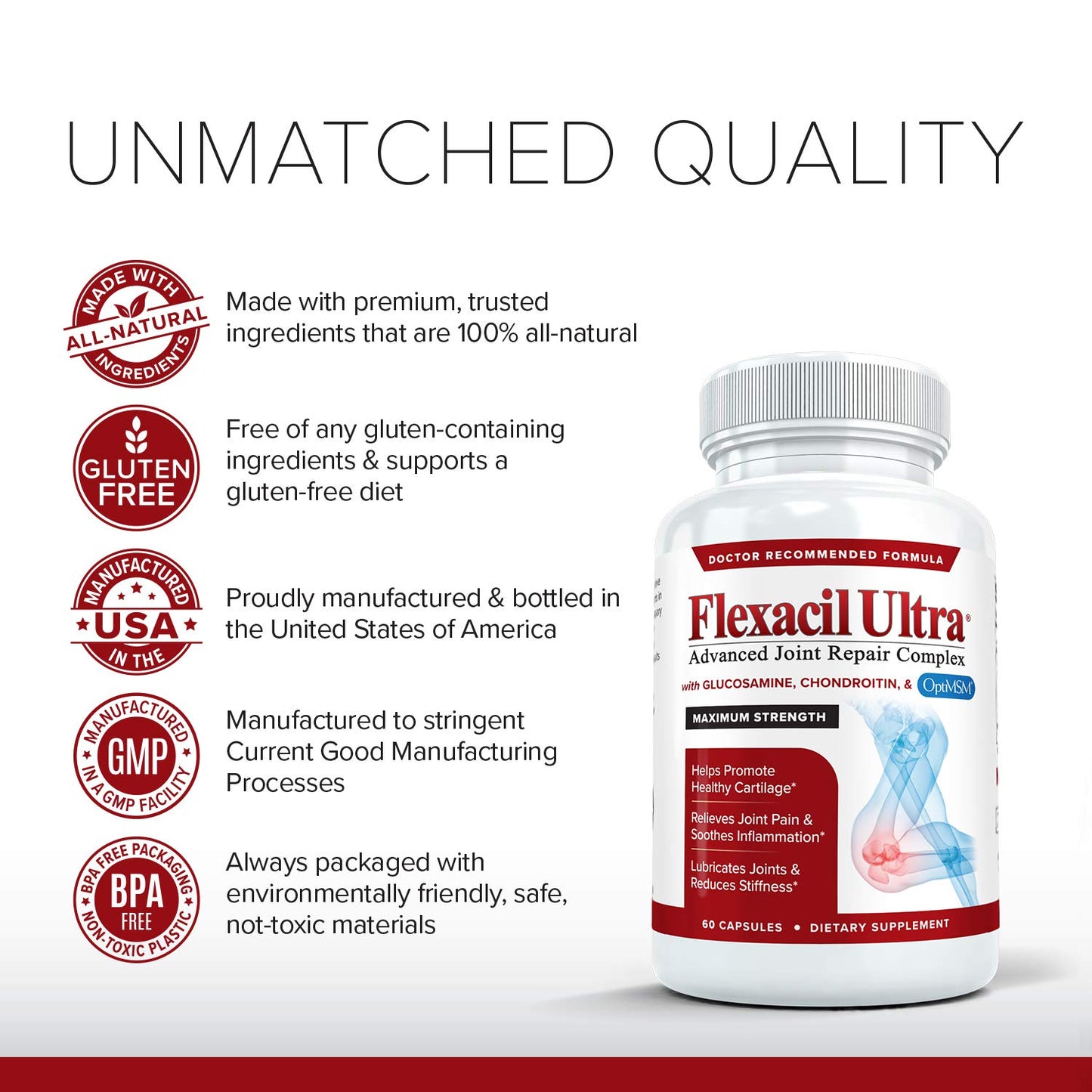 Flexacil Ultra Joint Health & Support Supplement with Glucosamine Sulfate, Chondroitin, Hyaluronic Acid & MSM for Joint Support, Cartilage & Flexability, 60 Capsules