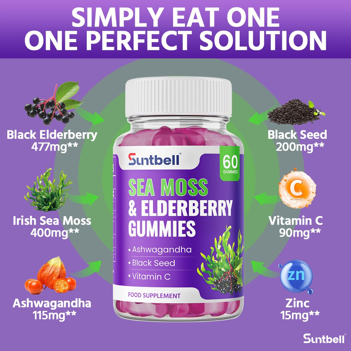 Suntbell Sea Moss Gummies, Immune Support with Elderberry, Ashwagandha, Zinc & Vitamin C, Vegan, Grape Flavor, 60 Gummies