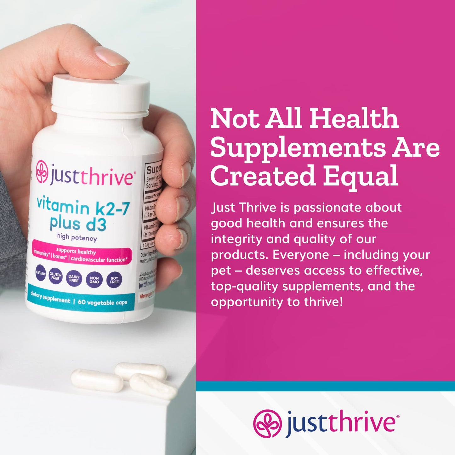 Just Thrive Vitamin K2-7 Plus D3 Capsules, 60 Count