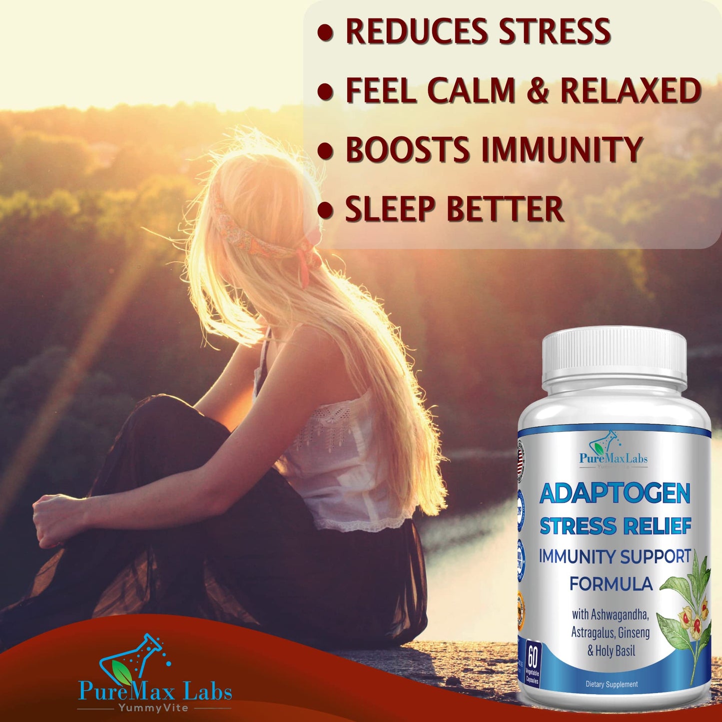 YUMMYVITE Adaptogen Stress Relief Immune Support Formula Capsules, 60 Count