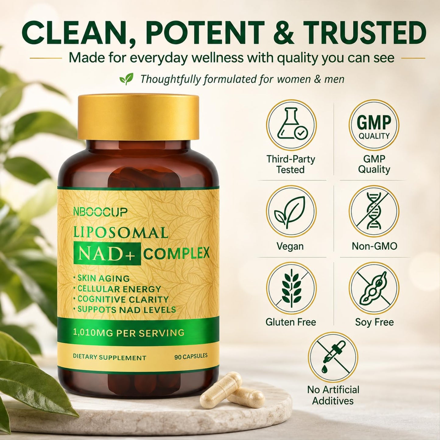 NBOOCUP Liposomal NAD+ Supplement 600mg NR for Healthy Aging, 90 Capsules
