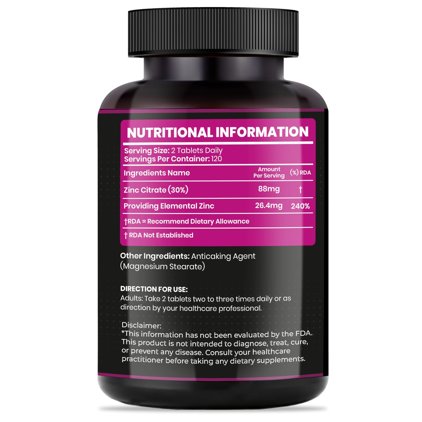 Rimo Nutrition Zinc Citrate 50mg Vegetable Tablets, 240 Count