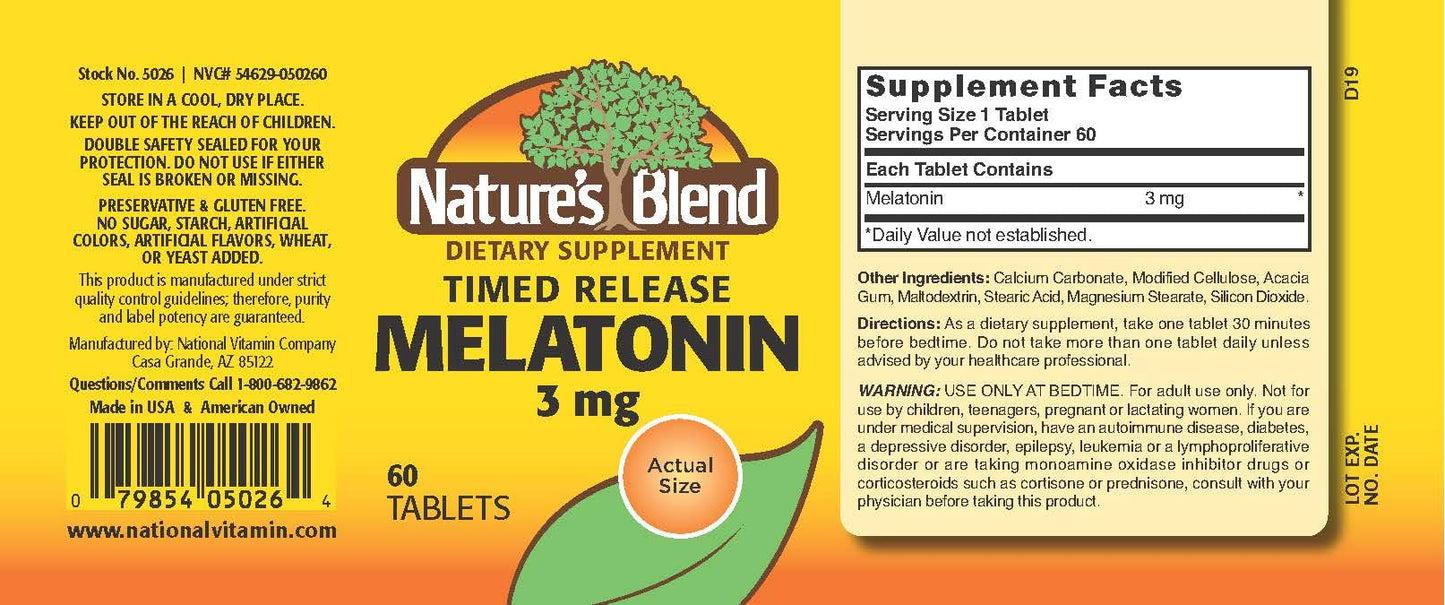 Nature's Blend Melatonin Timed Release 3 mg, 60 Tablets