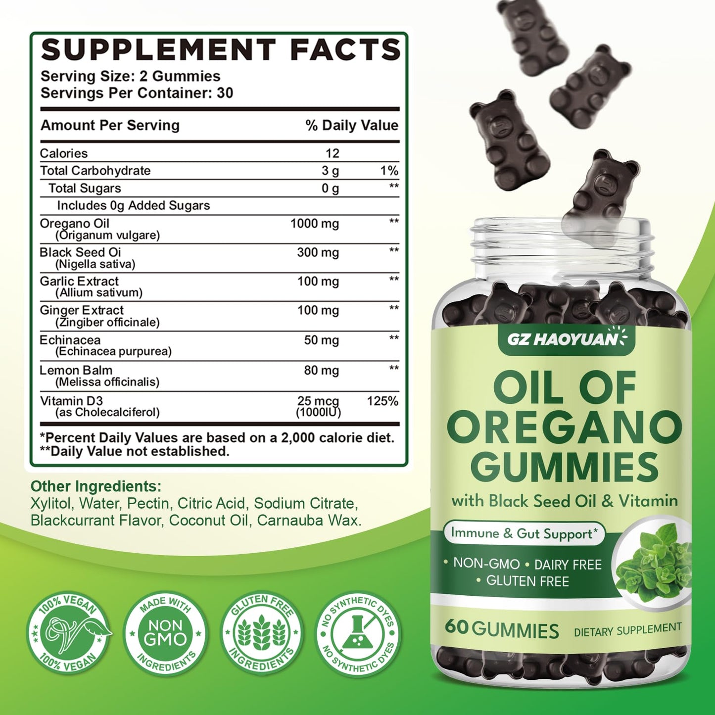 GZ HAOYUAN Oil of Oregano Gummies with Black Seed Oil + Vitamin D3, Organic High Carvacrol, Immune & Digestive Support, 60 Gummies