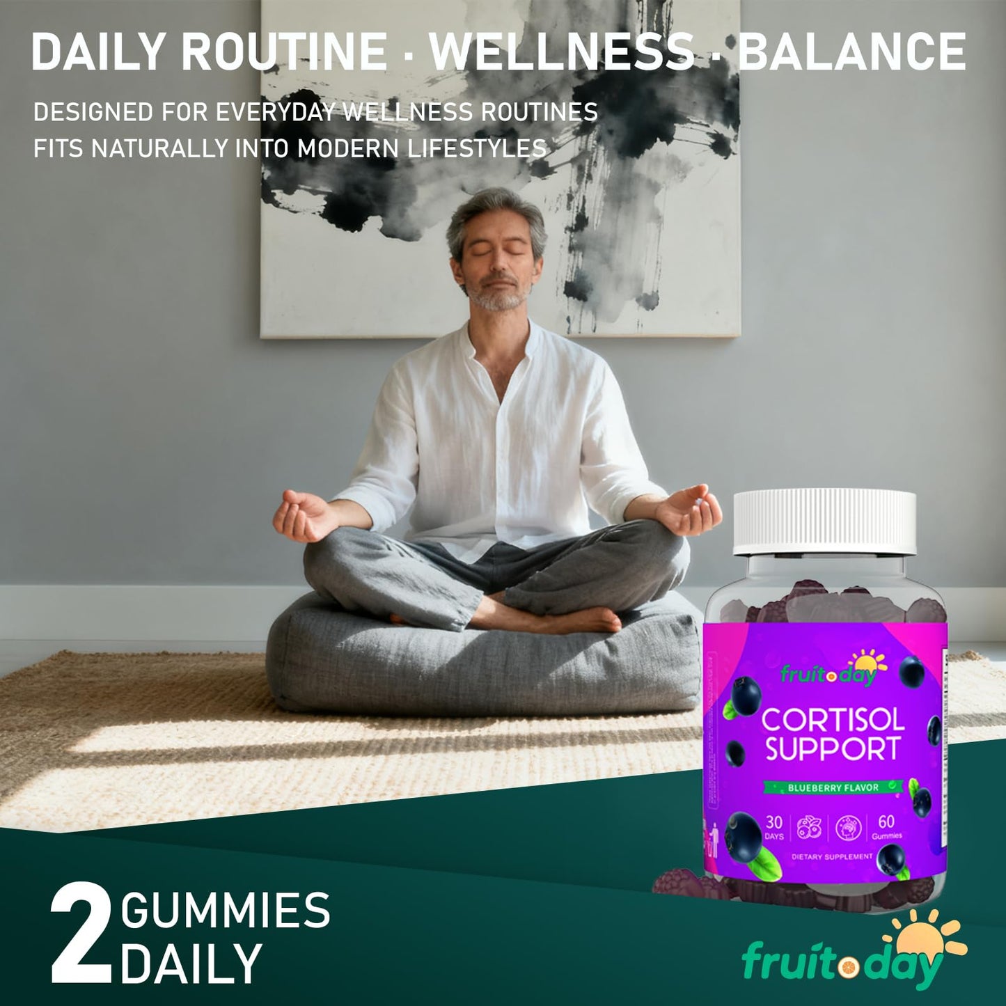 Fruitoday Cortisol Support Gummies with Ashwagandha & L-Theanine – 5-Ingredient Daily Formula, Blueberry Flavor, 1 Count