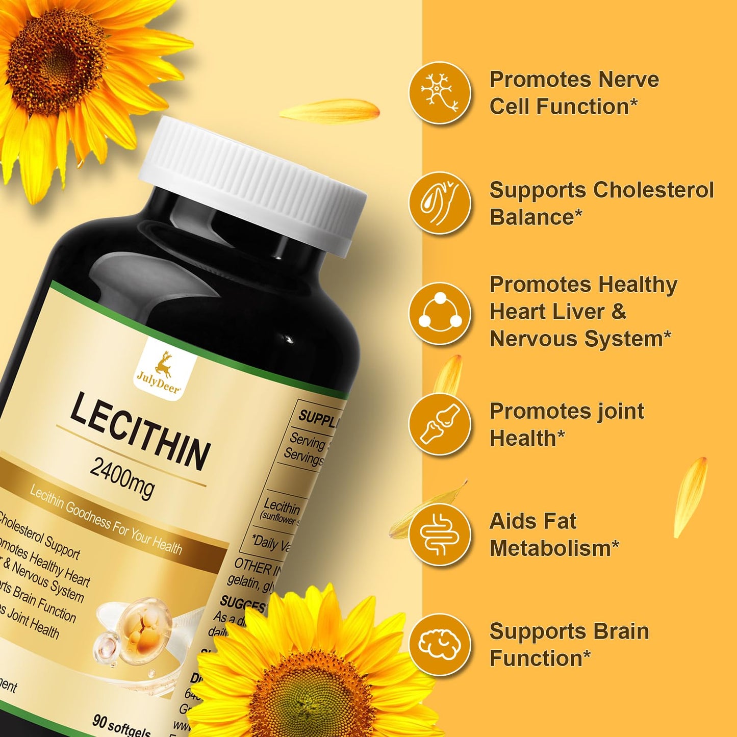 JulyDeer Sunflower Lecithin 2400mg 90 Softgels