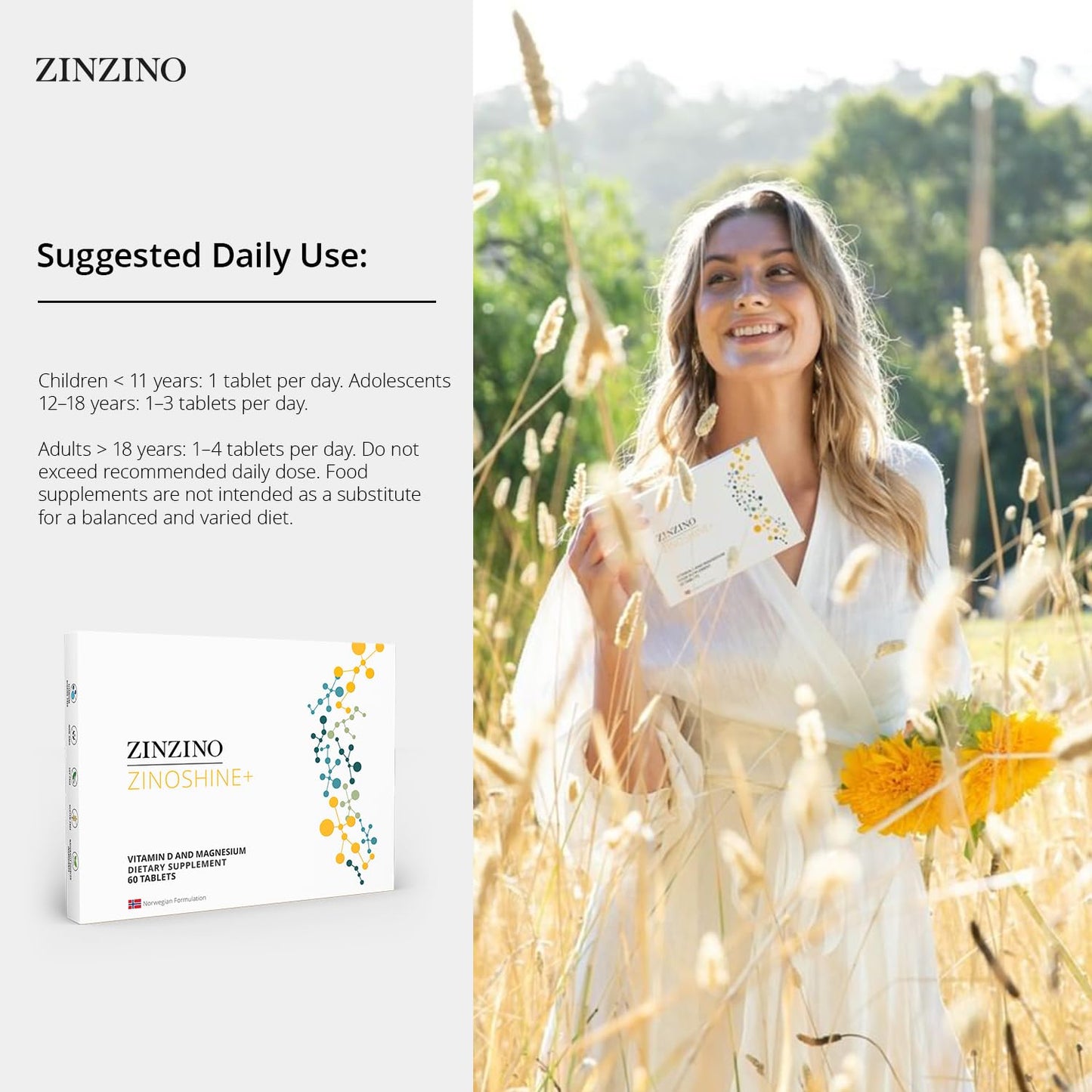 ZINZINO ZinoShine+ Vitamin D3 & Magnesium Supplement for Immune Support, Energy, Muscle, Bone & Teeth Health - Reduces Fatigue - 60 Tablets