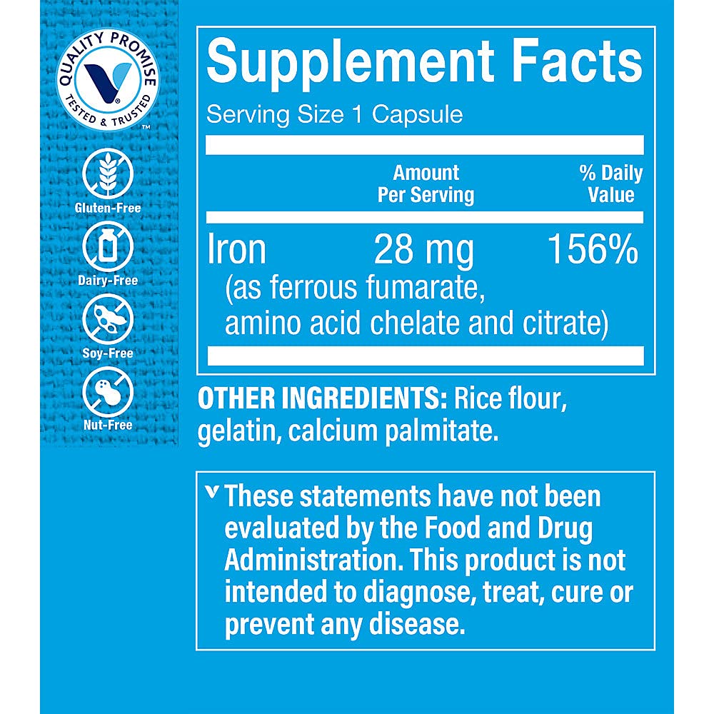 The Vitamin Shoppe Iron 28 mg Well Absorbed Forms of Iron, Supports Immune Health and Energy Production, Essential Mineral, Once Daily, 300 Capsules