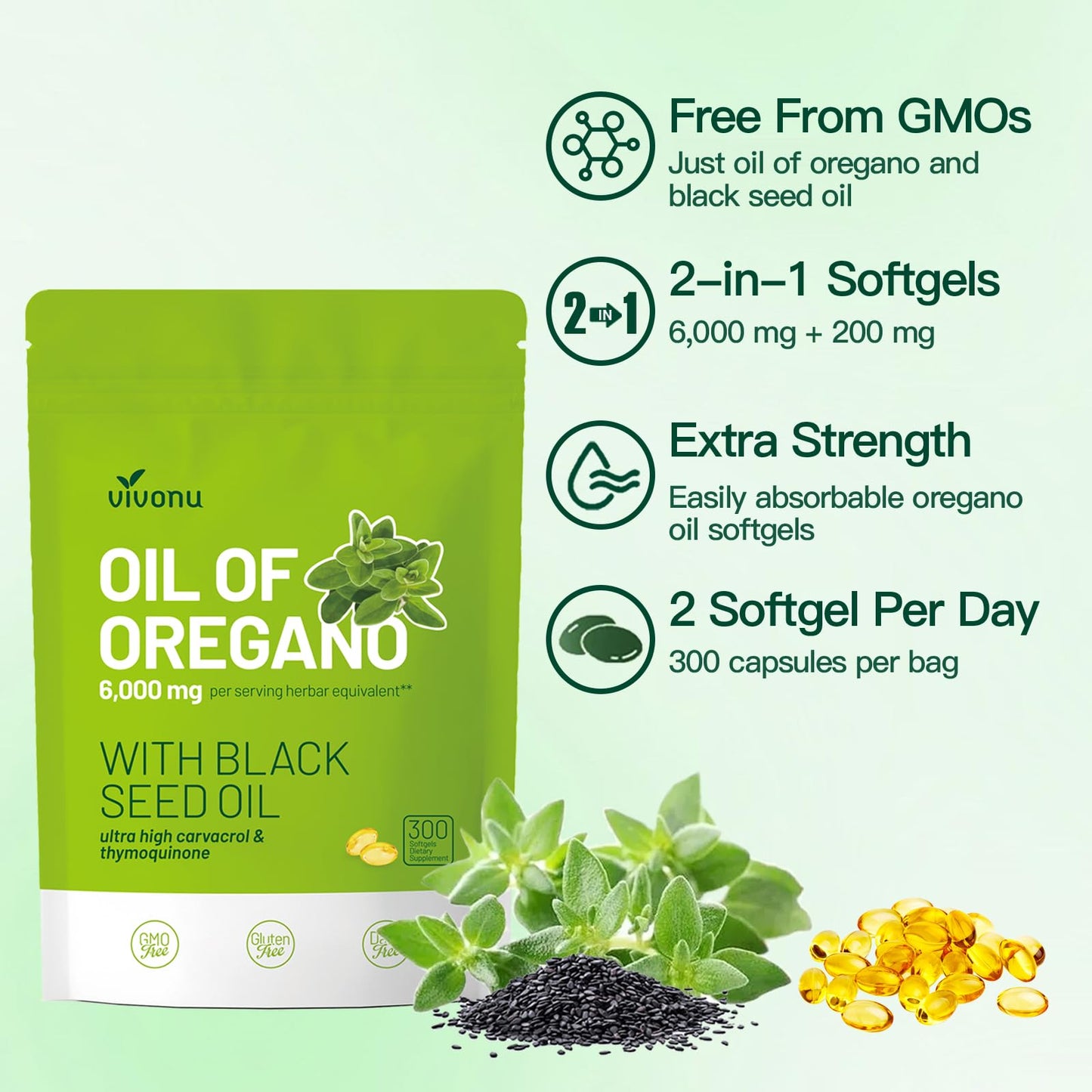 VivoNu Oil of Oregano with Black Seed Oil Capsules, 300 Count