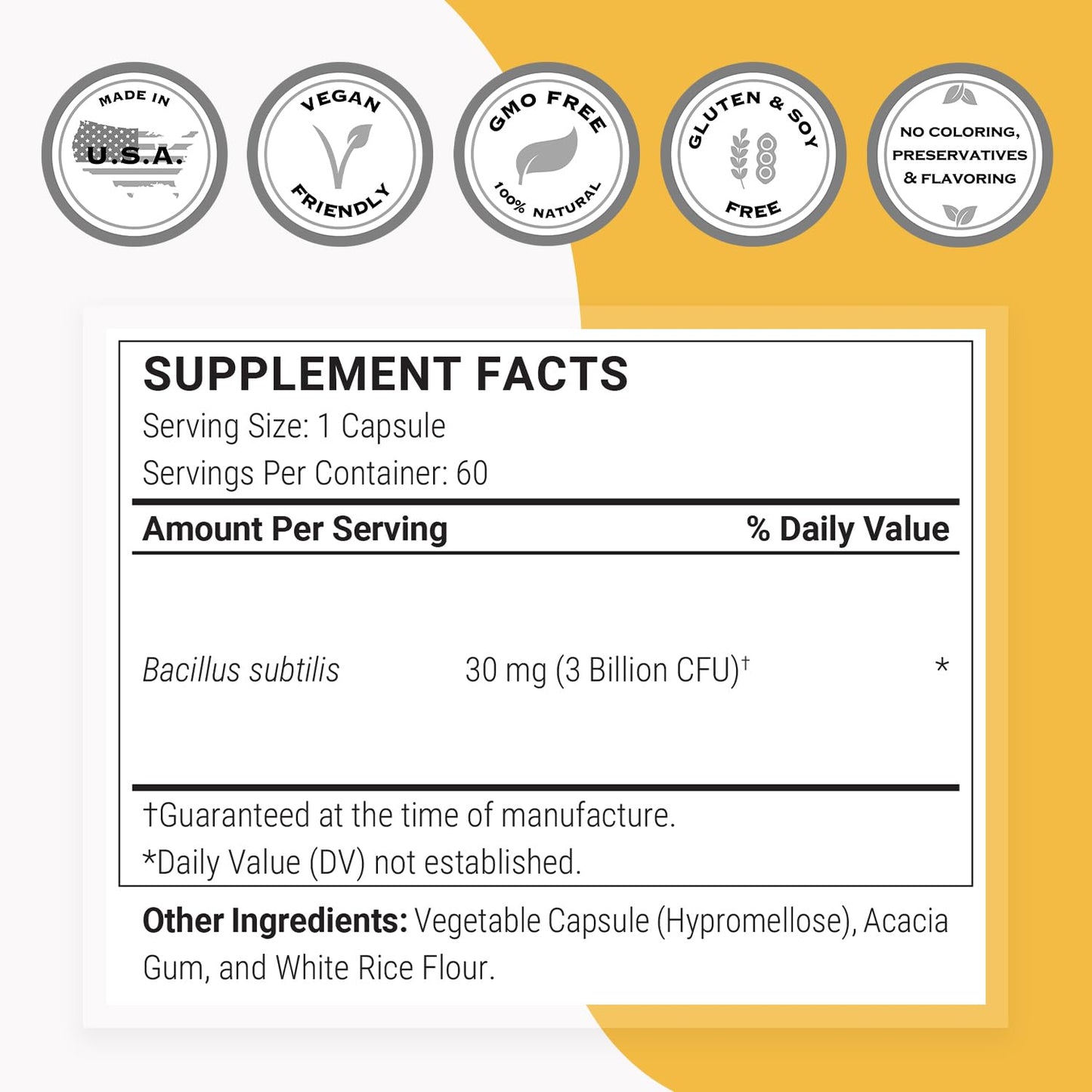Supersmart Bacillus Subtilis 3 Billion CFU per Day (High Potency) Spore Probiotic Supplement 60 Capsules