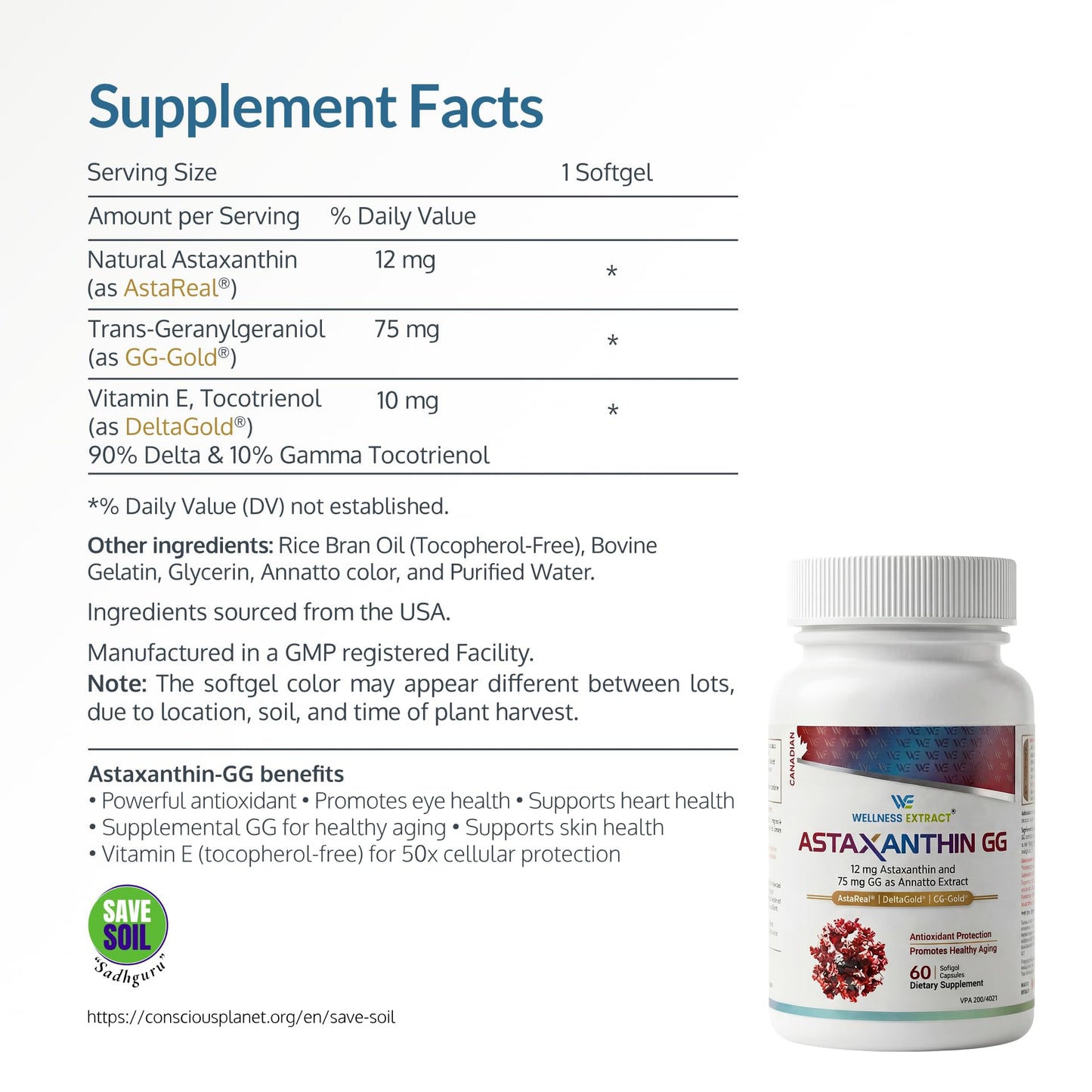 WELLNESS EXTRACT Astaxanthin 12mg Supplement – AstaREAL™ Sourced from Microalgae with GG-Gold® Geranylgeraniol & DeltaGold® Tocotrienols, Non-GMO, Gluten-Free, Antioxidant Support for Eye, Skin & Heart, 60 Softgels