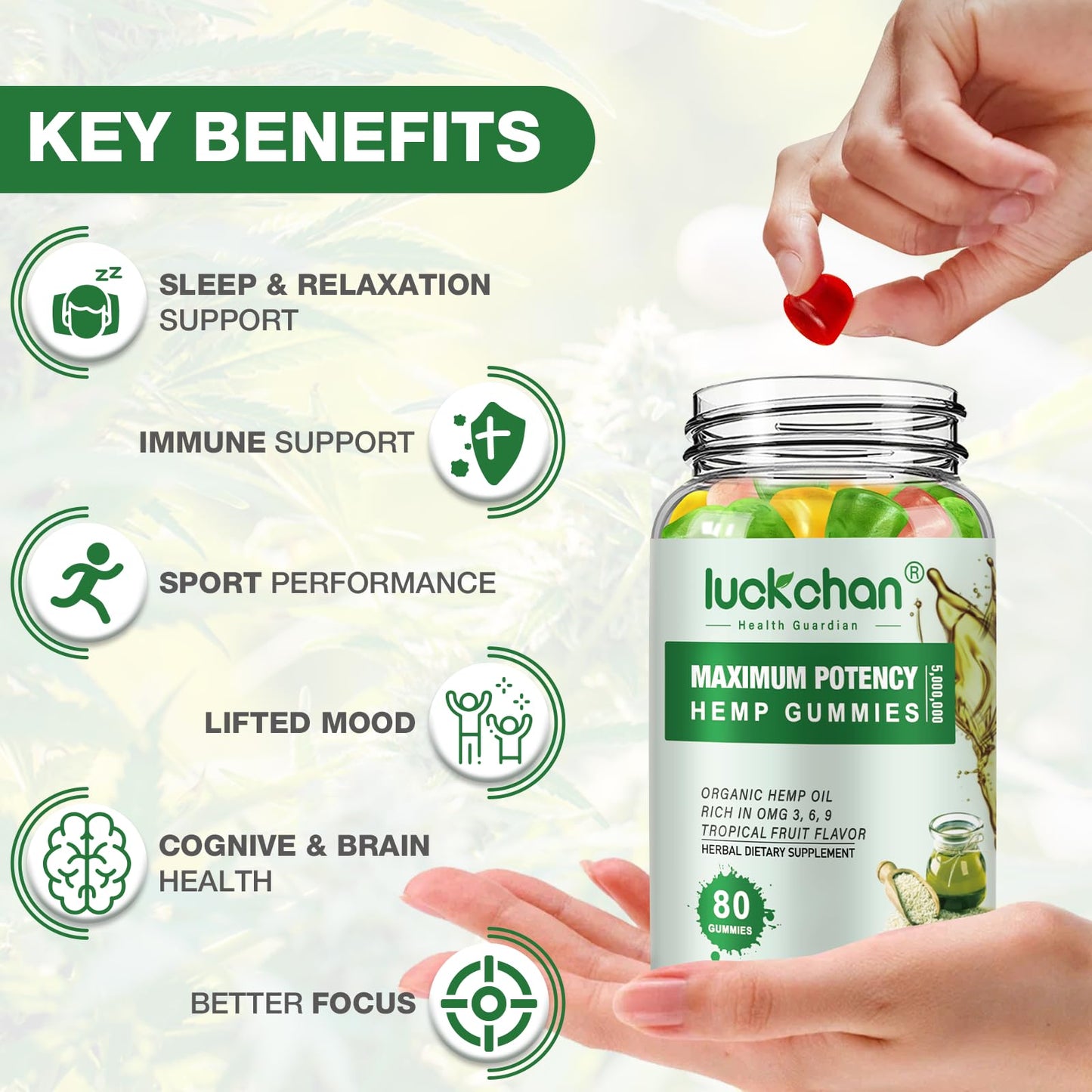 LUCKCHAN Hemp Gummies for Sleep, Pain, Relax, Calm High Potency Hemp Oil Infused Gummy Bears Fruity Flavors 100% Natural Omega Hemp Edibles, 160 Gummies