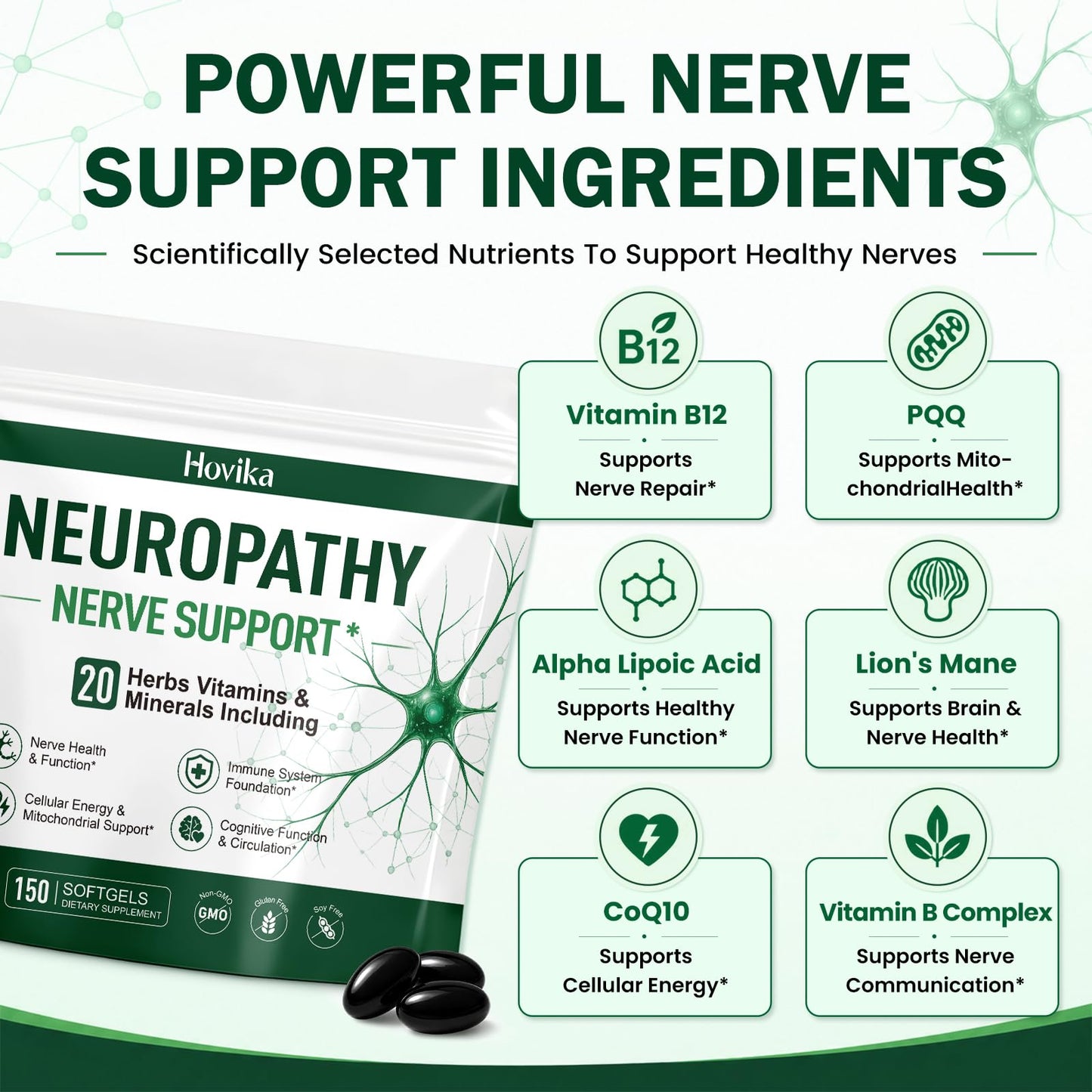Hovika Neuropathy Support Supplement with R-Alpha Lipoic Acid 1200mg ALA – Nerve Health Formula for Neuropathy Pain Relief for Feet Hands Fingers Legs, Sciatica Ease with Vitamin B1 B6 B12 – 150 Softgels