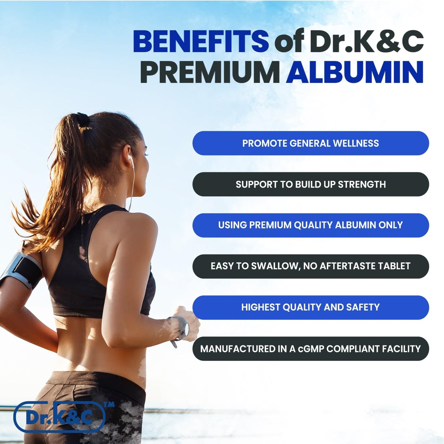 Dr.K&C Premium Albumin Protein Supplement 1000mg, Daily Energy & Wellness Support, 360 Tablets