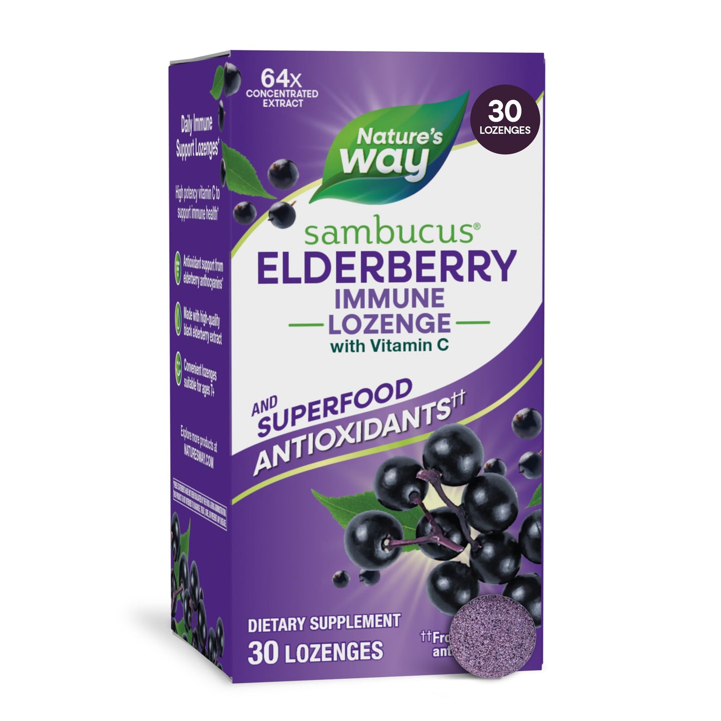 Nature's Way Sambucus Immune Lozenges, Elderberry Flavored, No Zinc, 30 Tablets