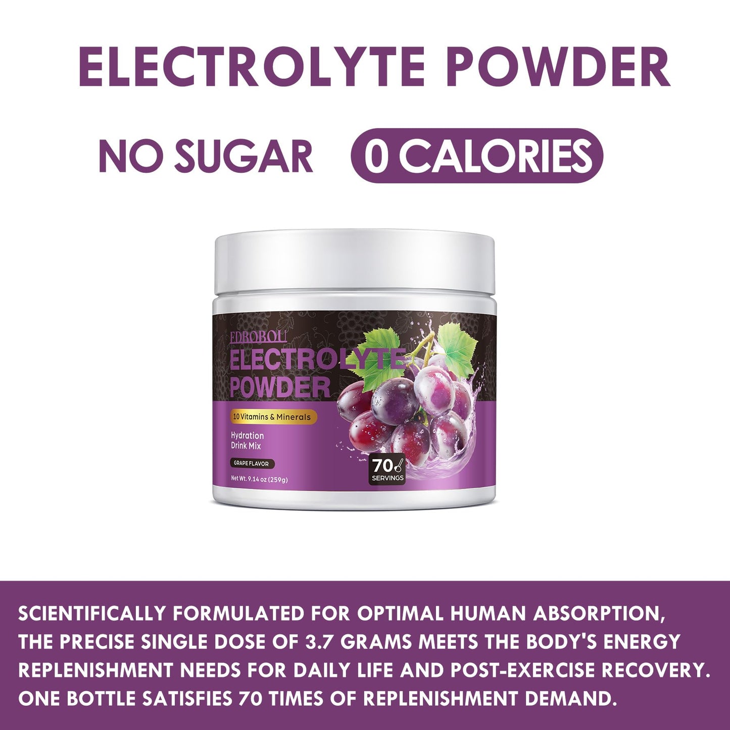 EDBOBOU Sugar Free Electrolyte Powder, Grape Flavor, 9.14 oz