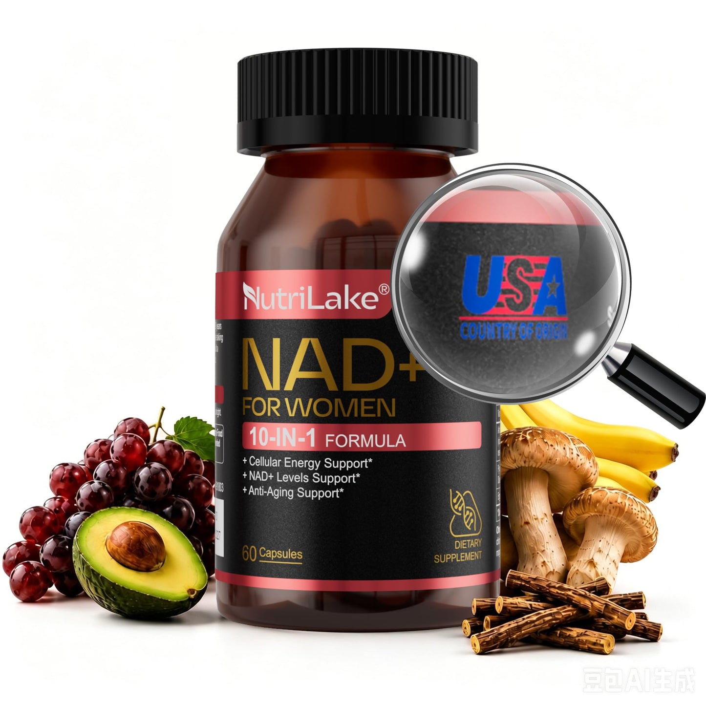 NUTRILAKE NAD+ Supplement for Women, NMN Alternative with Resveratrol, Nicotinamide Riboside, CoQ10, PQQ, Ergothioneine, 60 Capsules