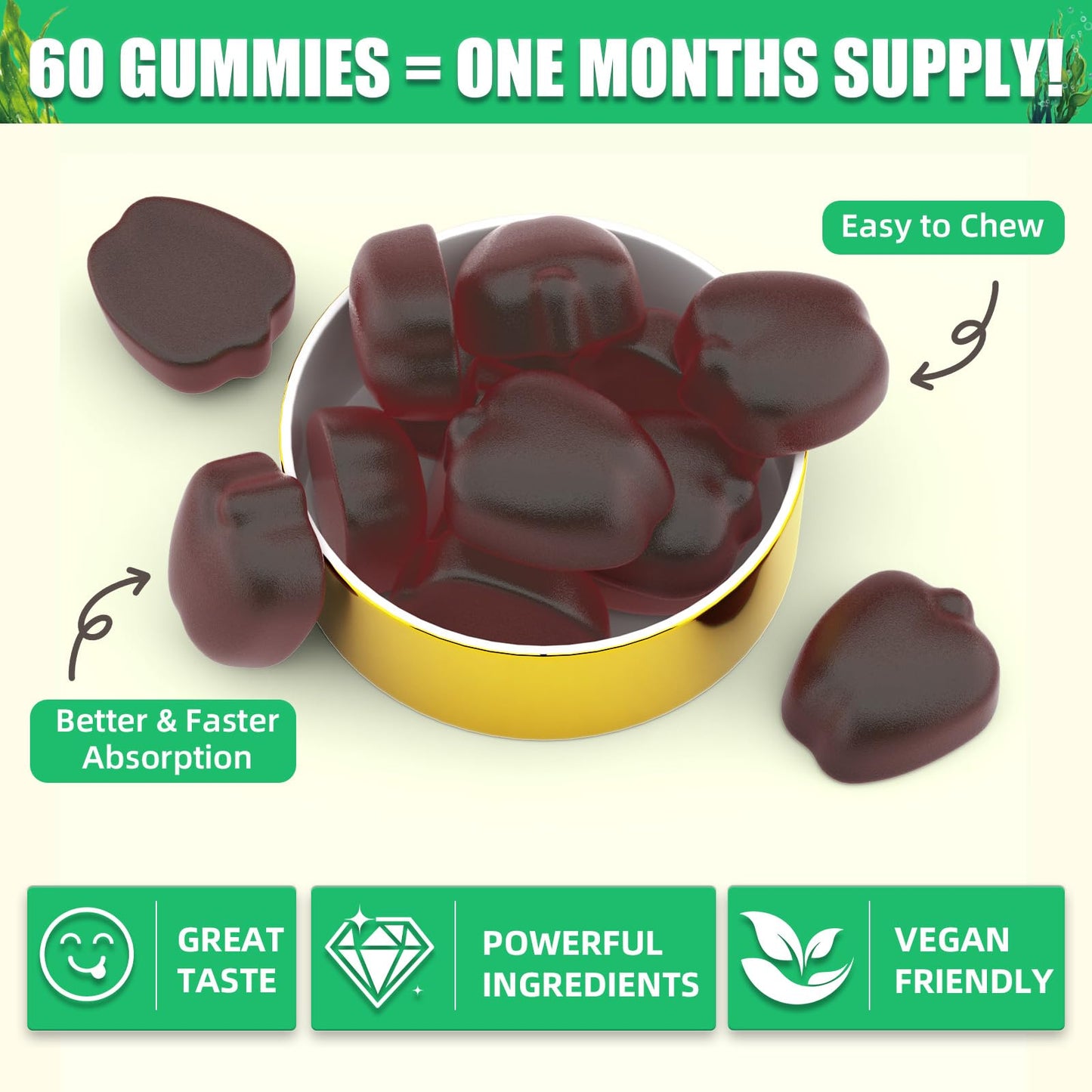 HEALOADING Irish Sea Moss Gummies with Bladderwrack, Burdock Root & Ashwagandha, 60 Gummies