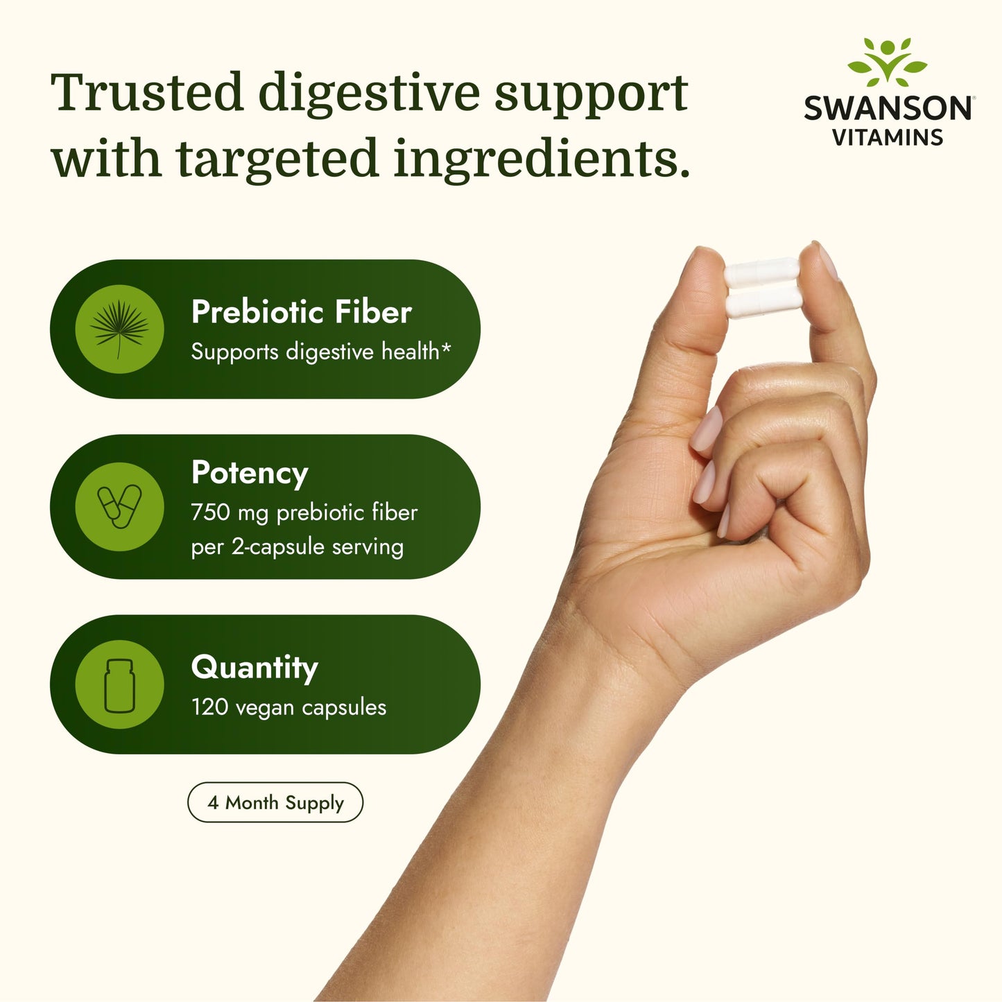Swanson Prebiotic Fiber Capsules with NutraFlora FOS for Gut-Health-Conscious Adults Seeking Digestive Flora and Immune Support - 750 mg, 120 Vegan Capsules