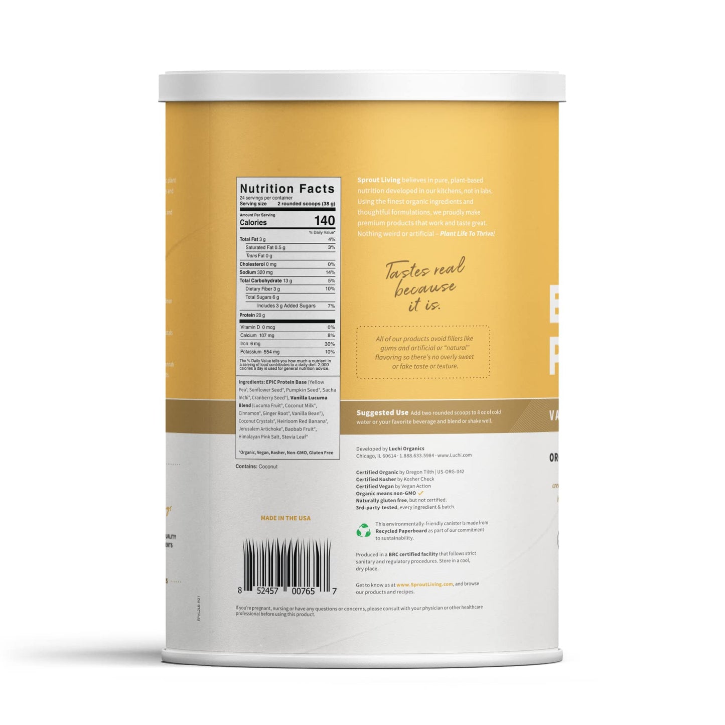 Sprout Living Epic Protein Plant Based Protein & Superfoods Vanilla Lucuma Powder, 32 Servings