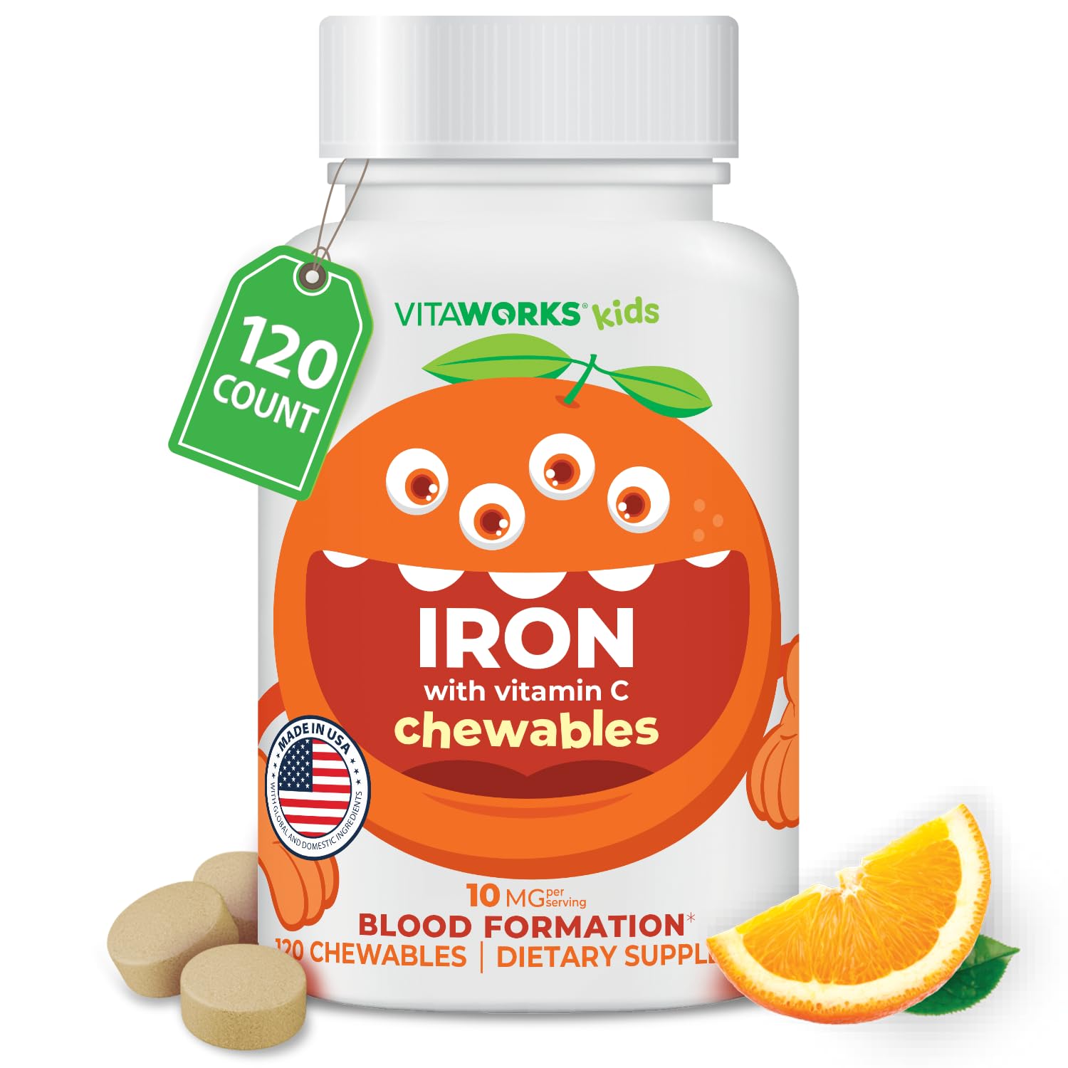 VitaWorks Kids Iron 10mg with Vitamin C 50mg Chewable Tablets, 120 Count