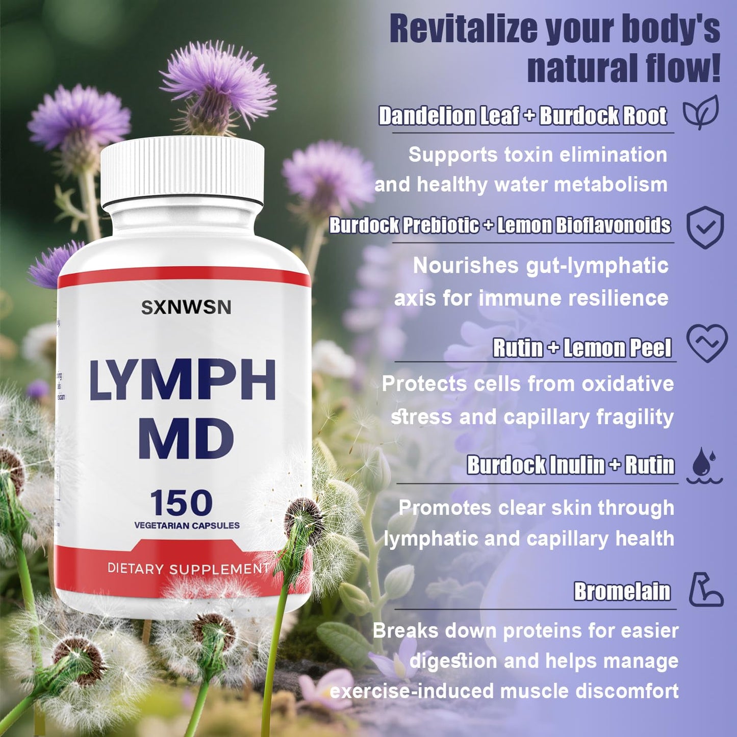 SXNWSN Lymph MD Comfort Capsules - Fast-Acting Dandelion & Bromelain Blend, Post-Meal Support for Foodies & Travelers, Vegan Gentle Formula - 1 Capsule