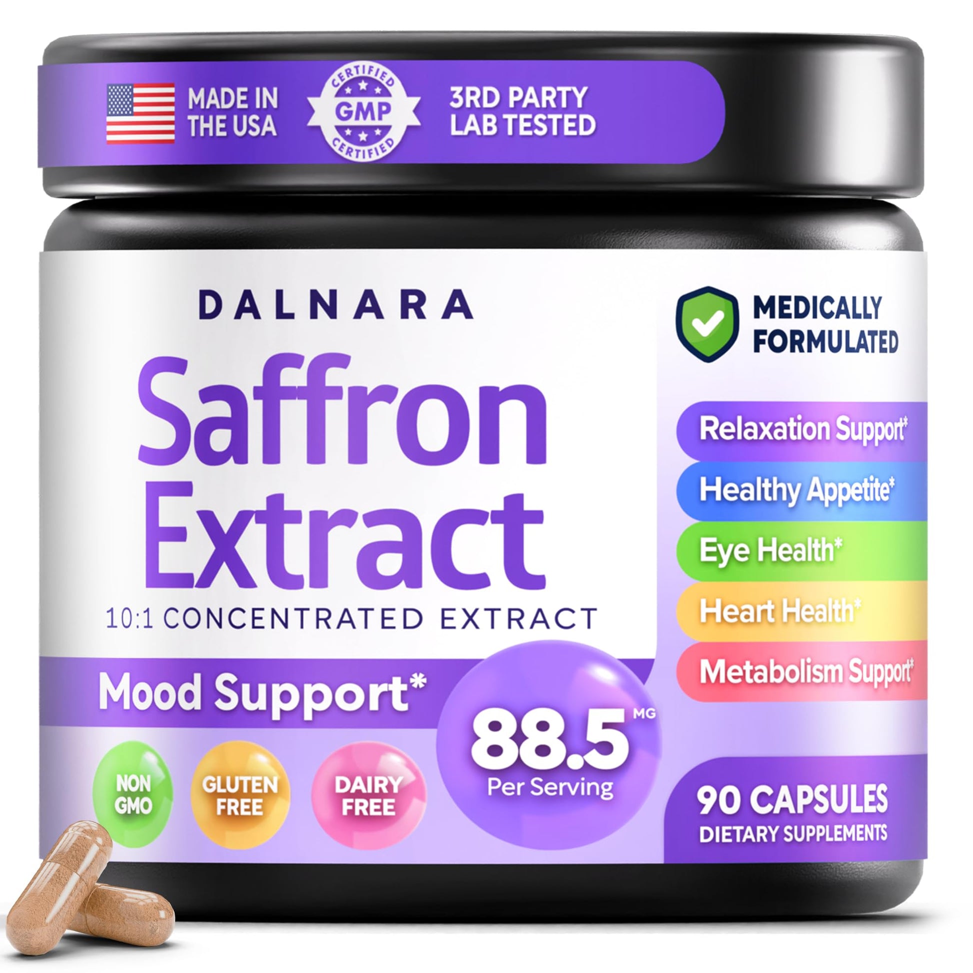 Dalnara Saffron Supplements for Women 88.5mg Capsule, 90 Count