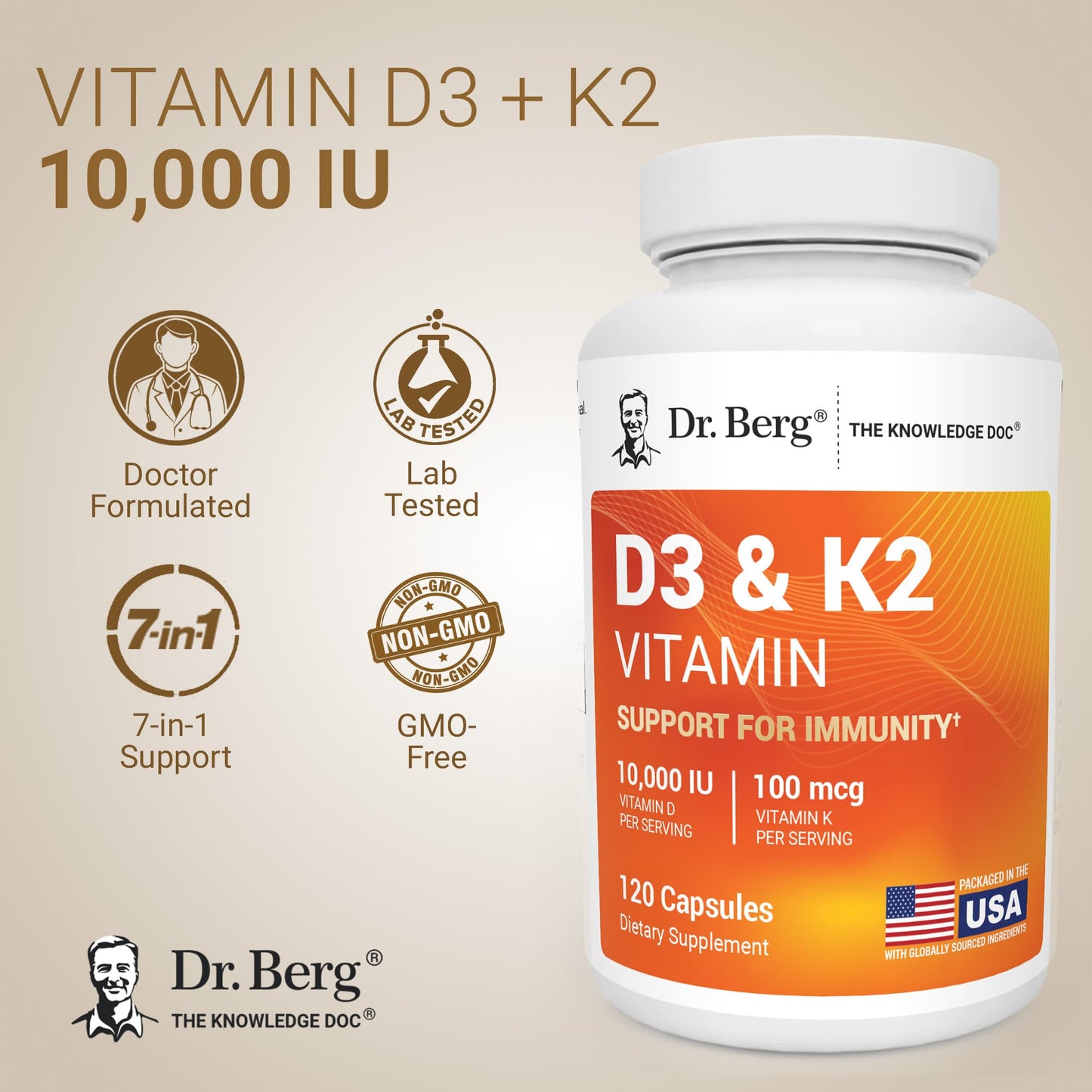 Dr. Berg Nutritionals Maximum Strength 7-in-1 Vitamin D3 K2 10,000 IU Naturally Derived D3 4X Lab-Tested & Verified High Absorption Formula K2 D3 Vitamin Supplement 120 Capsules