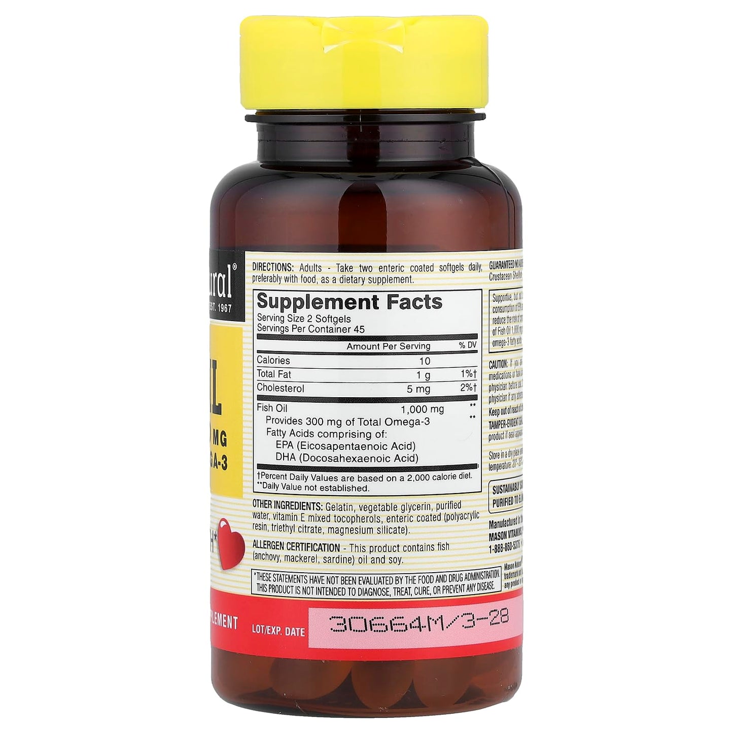 Mason Natural Fish Oil 1000 Mg No Burp Softgel, 90 Softgels