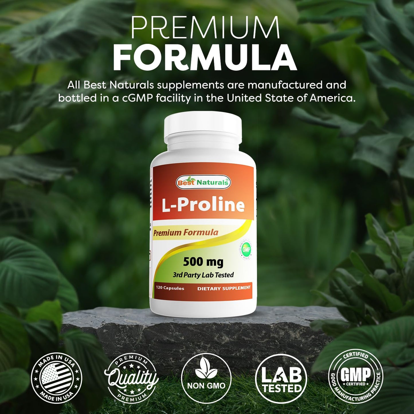 Best Naturals L-proline Amino Acid Dietary Supplement 500 Mg Capsule, 120 Count