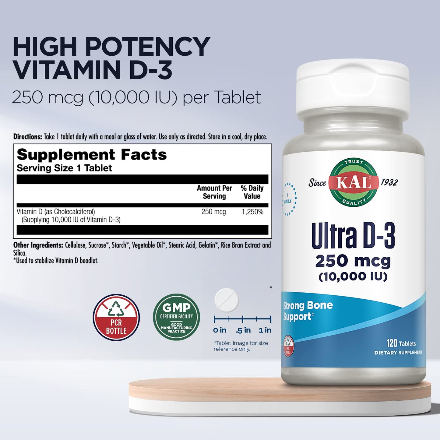 KAL Vitamin D3 10000 IU (250 mcg) High Potency Vitamin D Tablets, 120 Tablets