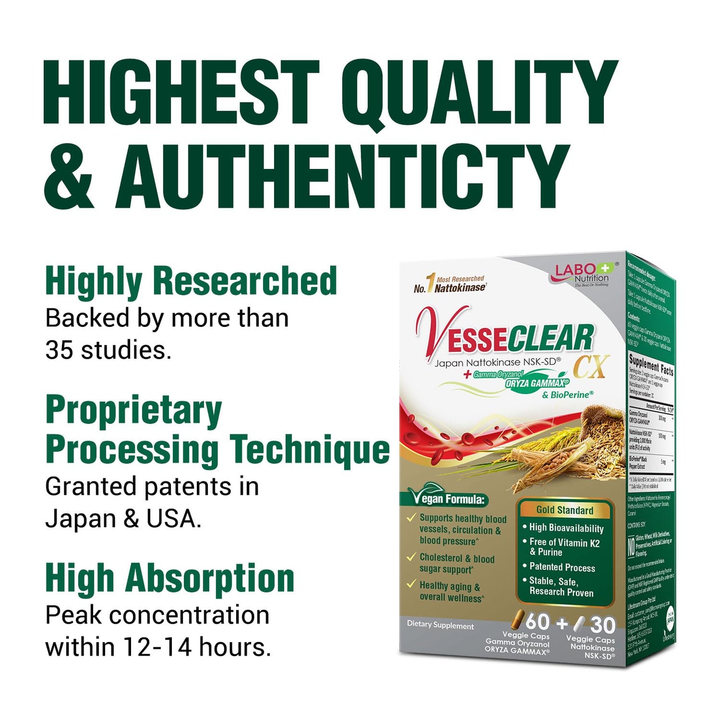 LABO Nutrition VesseCLEAR CX Nattokinase NSK-SD + Gamma Oryzanol Capsule, 60 Count