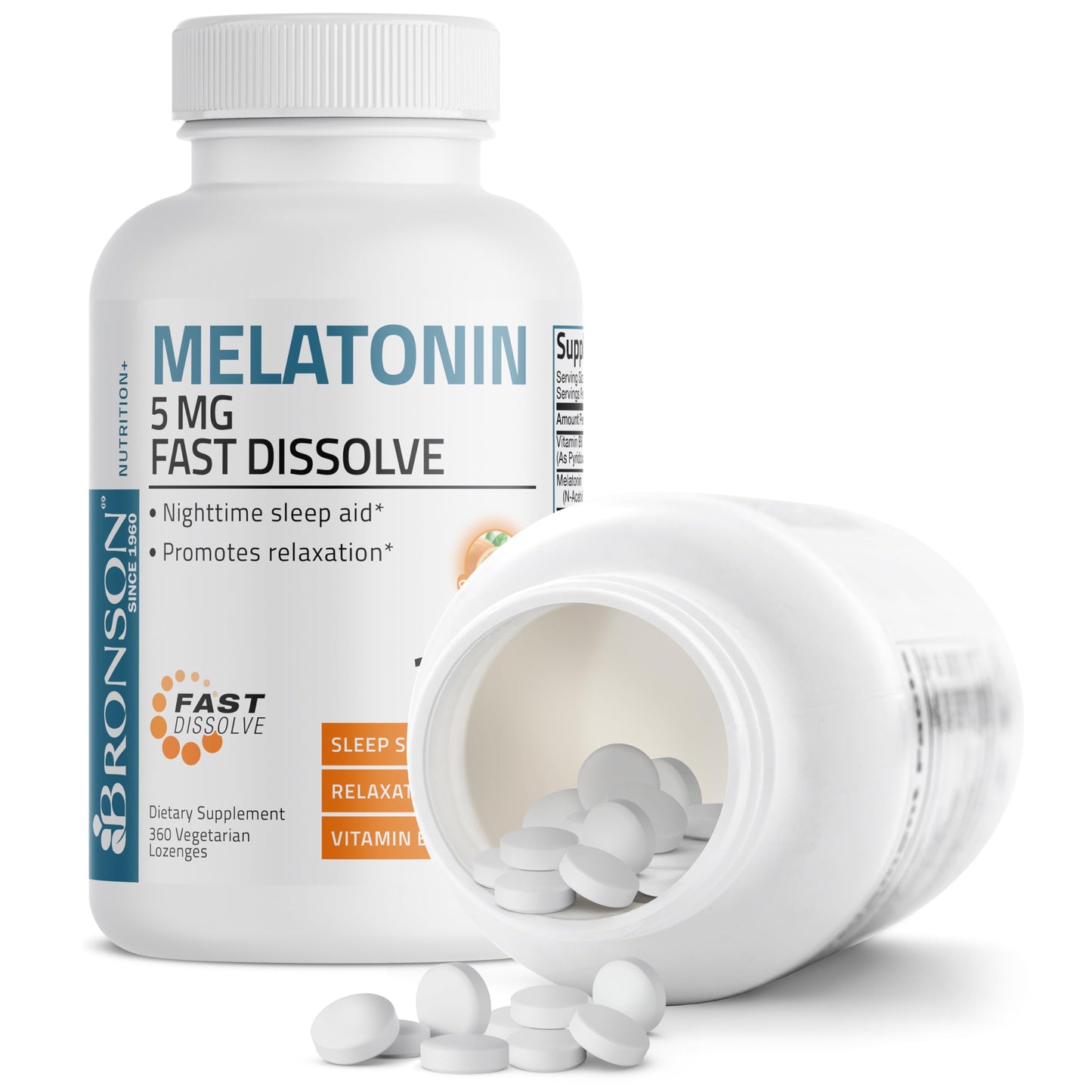 Bronson Melatonin Lozenge 5 mg Fast Dissolve Orange Flavor with Vitamin B6, 360 Lozenges