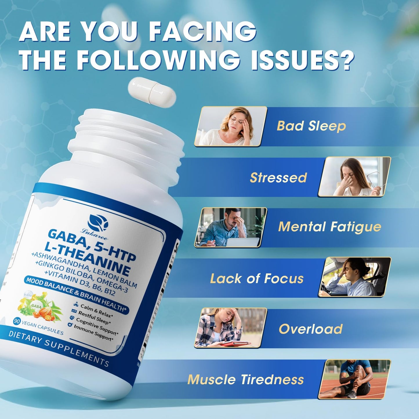 Lukaree GABA Capsules 750mg with L-Theanine, 5-HTP, Ashwagandha, Lemon Balm, Ginkgo Biloba, Omega-3, 90 Capsules