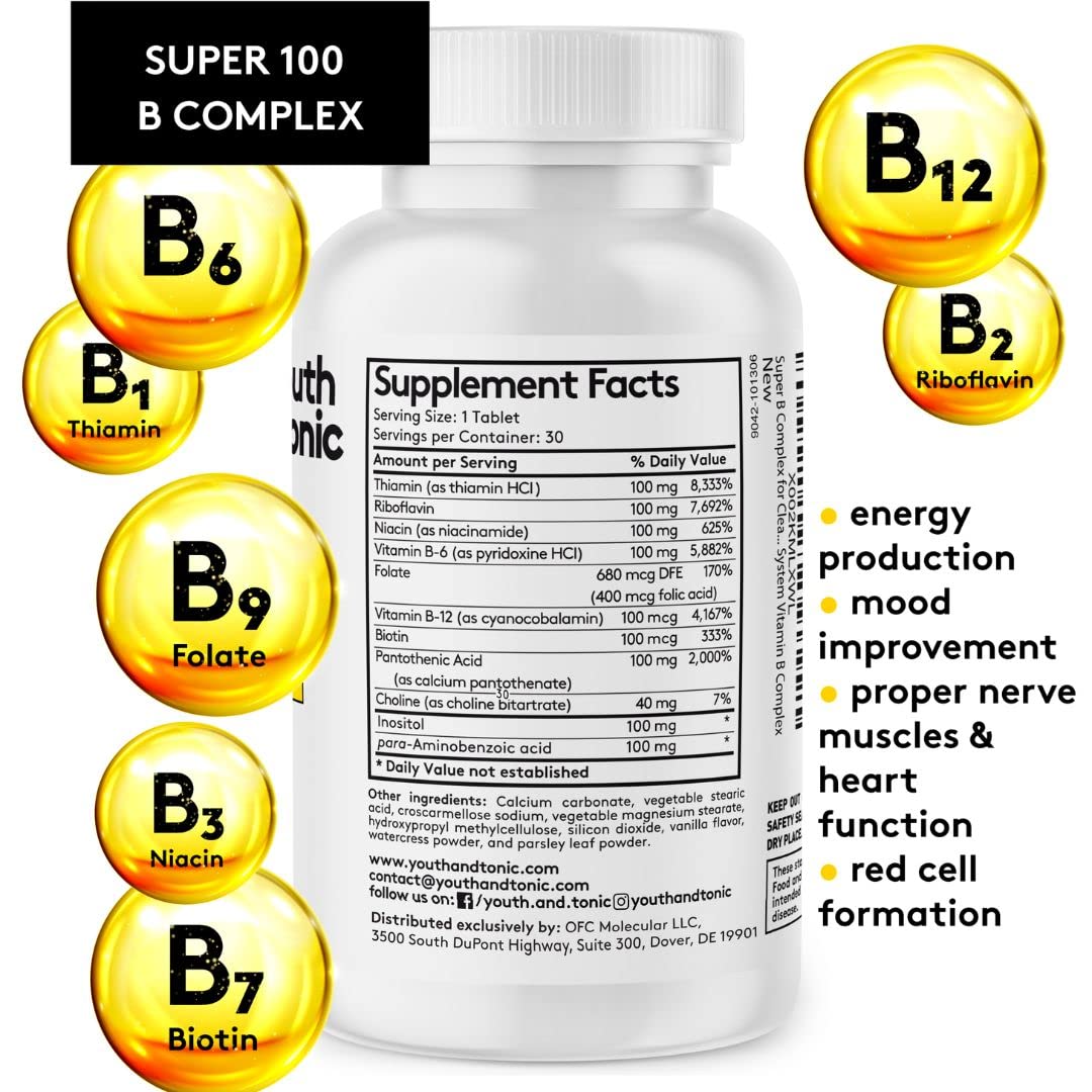 Youth & Tonic Super B Complex B-100 with Choline, Inositol & PABA Tablet 30 Count