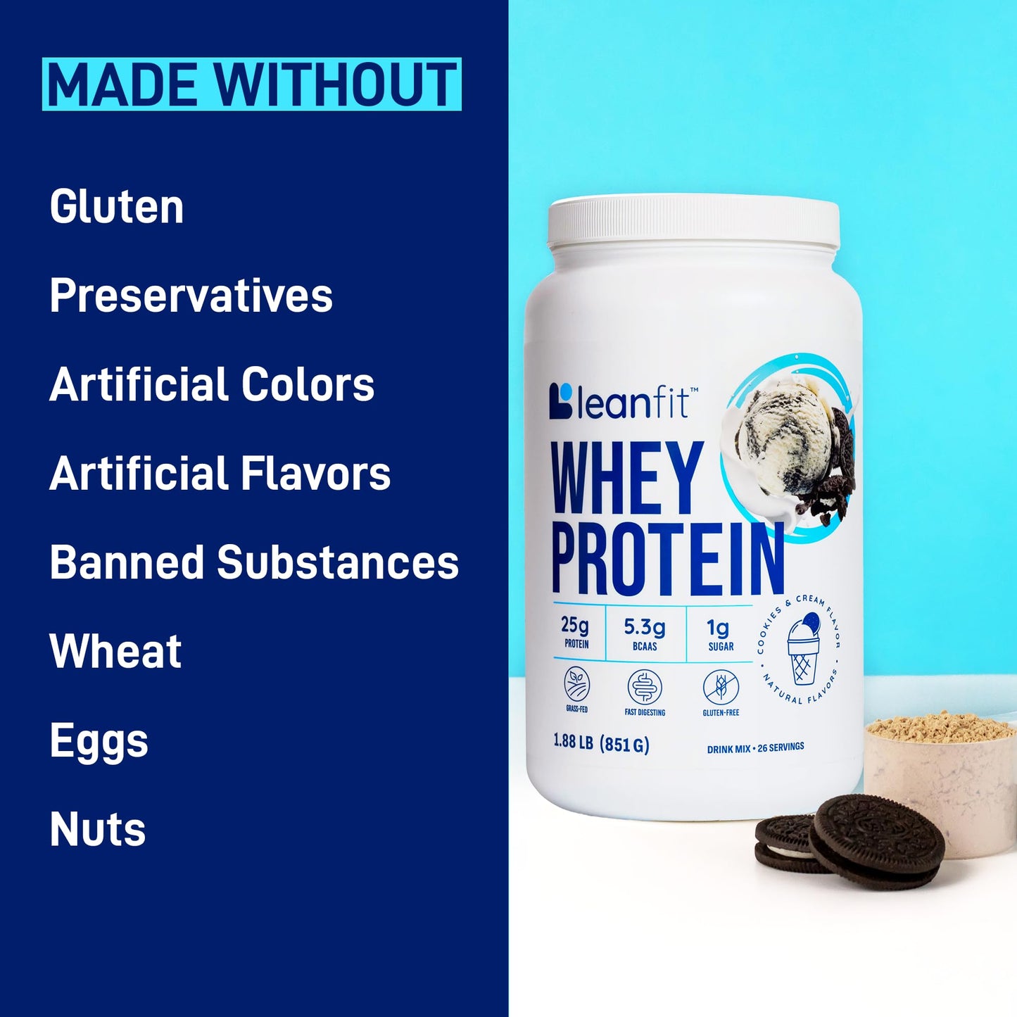 LeanFit Whey Protein Powder Cookies & Cream, 26 Servings