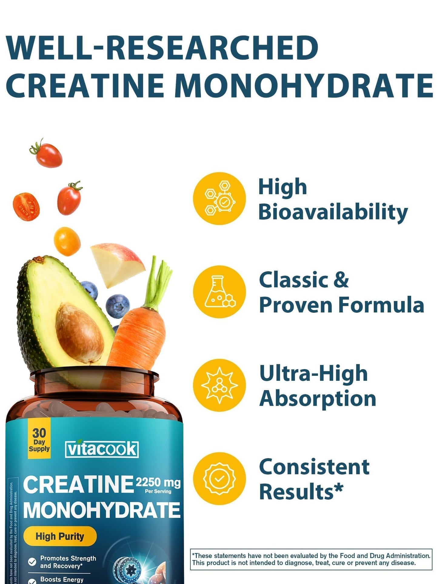 Vitacook Creatine Monohydrate 2250 mg Per Serving, Micronized Creatine Capsules, 90 Capsules