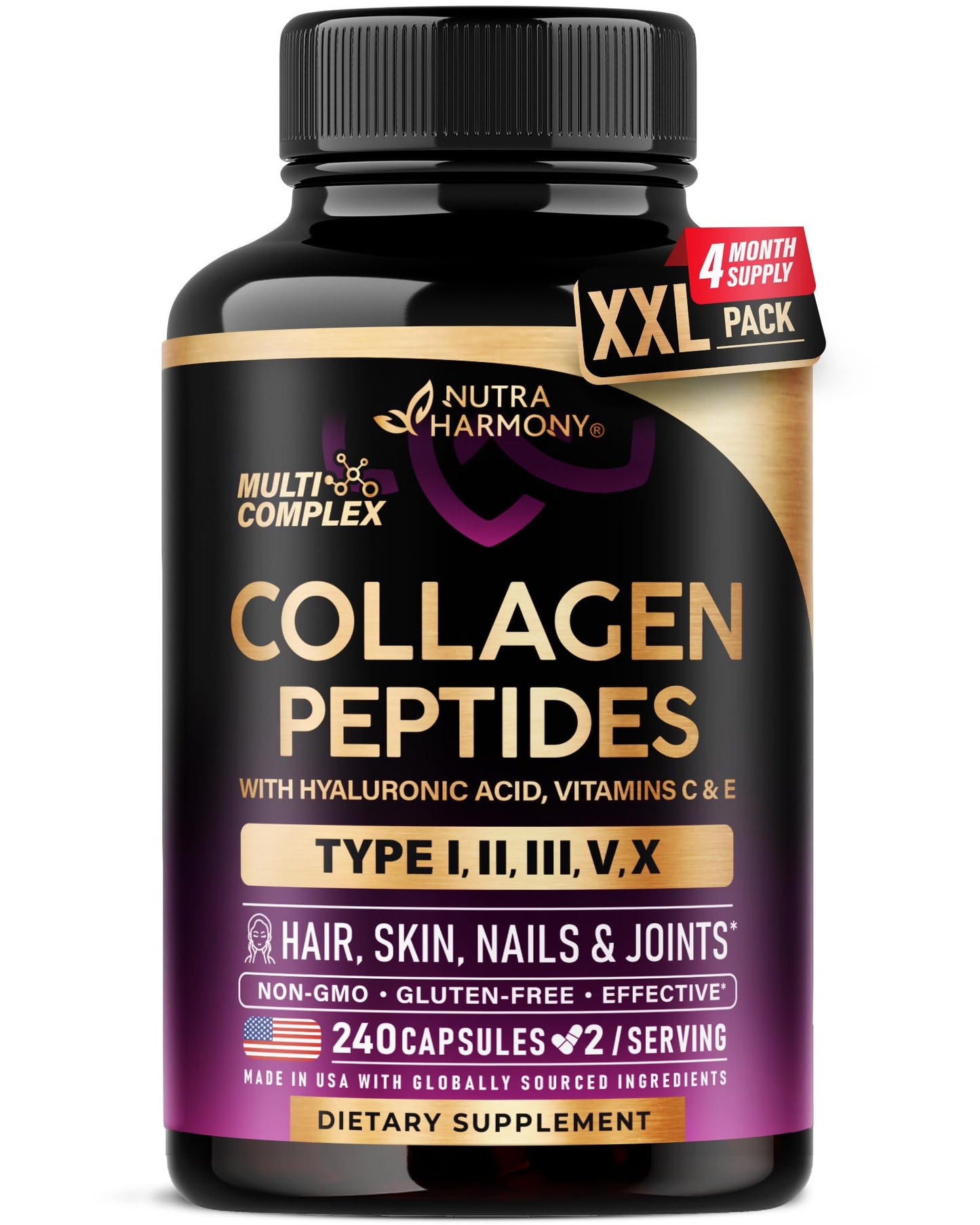 NUTRAHARMONY Multi Collagen Peptides 1300mg Hydrolyzed Types I II III V & X Capsules 240